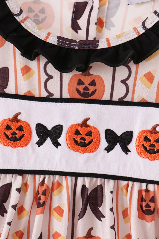 Abby & Evie Pumpkin Bow Embroidery Ruffle Dress 150071