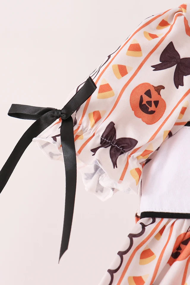 Abby & Evie Pumpkin Bow Embroidery Ruffle Dress 150071