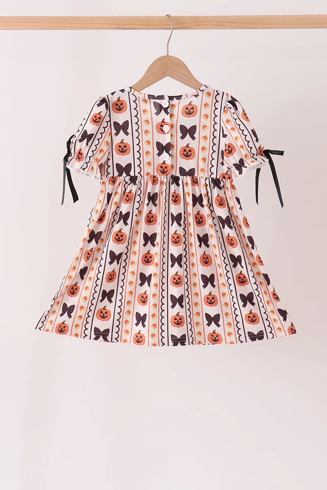 Abby & Evie Pumpkin Bow Embroidery Ruffle Dress 150071