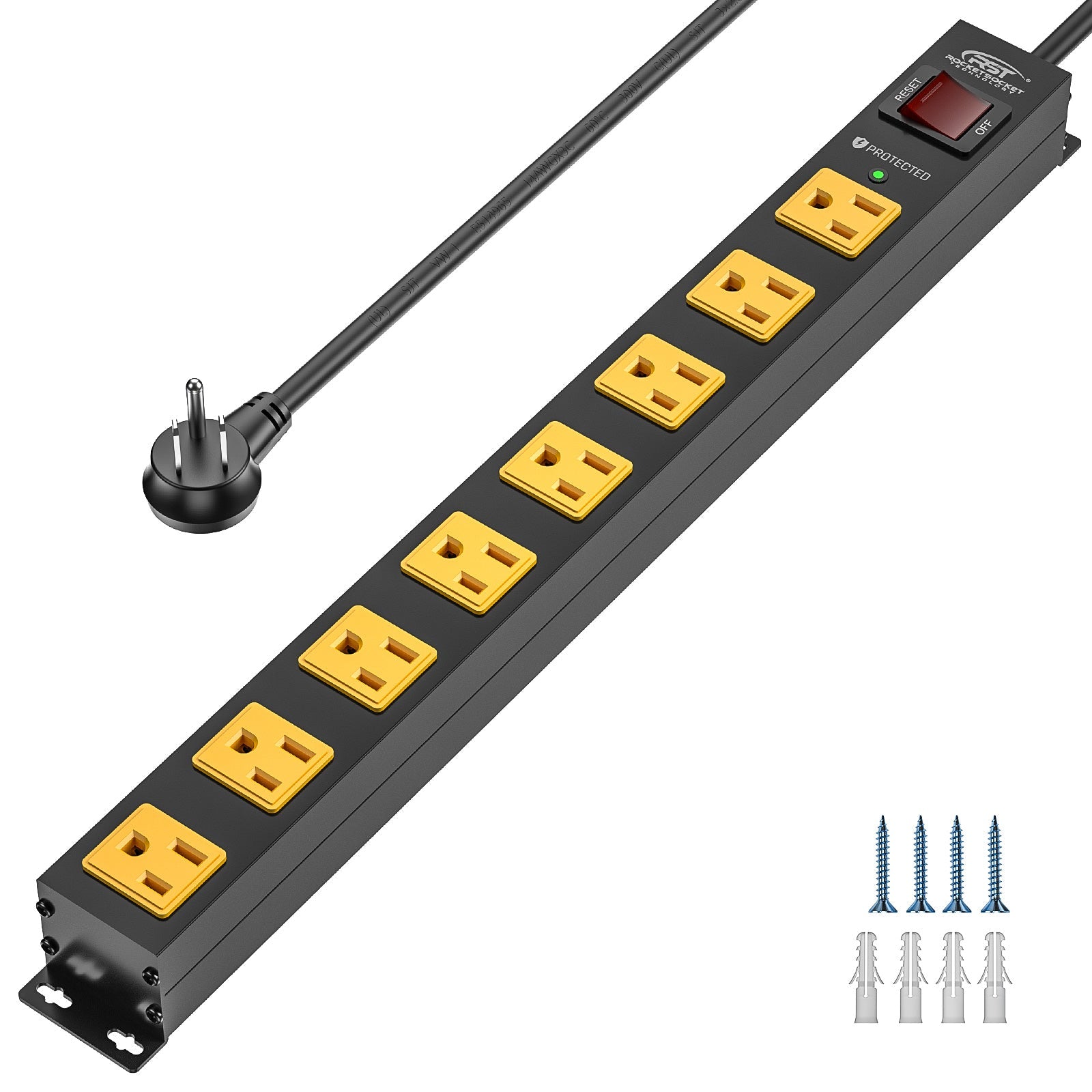 CRST 8 Outlets Wide Spaced Mountable Metal Power Strip Surge Protector 6FT Flat Plug with 2100 Joules Protection and 15Amp Circuit Breaker Included SpadezStore