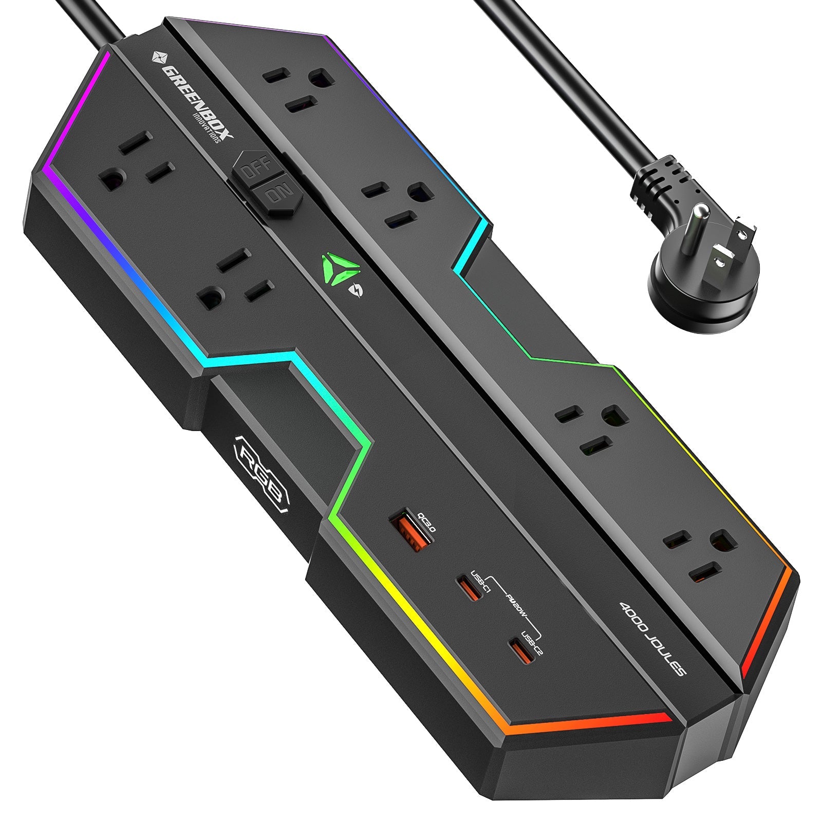 Rocket Socket Technology 6 Outlet Surge Protector Power Strip with RGB Lights and PD 20W Fast Charging USB Ports, Wide-Spaced Outlet Perfect for e-Sports, Game PC, Home and Offices SpadezStore
