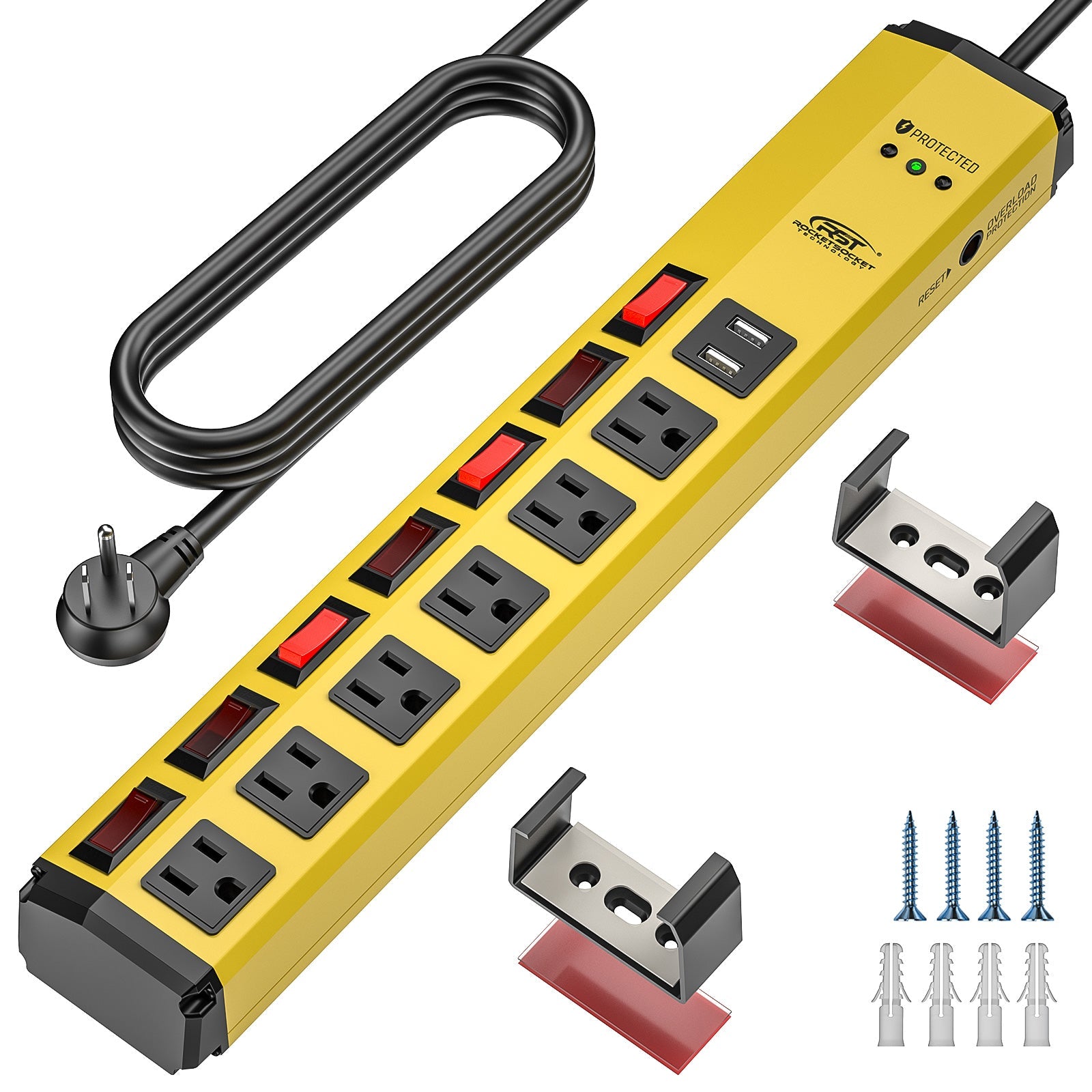 CRST 6 Outlets Individual Switches Mountable Metal Power Strip Surge Protector with Dural USB Ports 6FT Flat Plug Power Cord SpadezStore