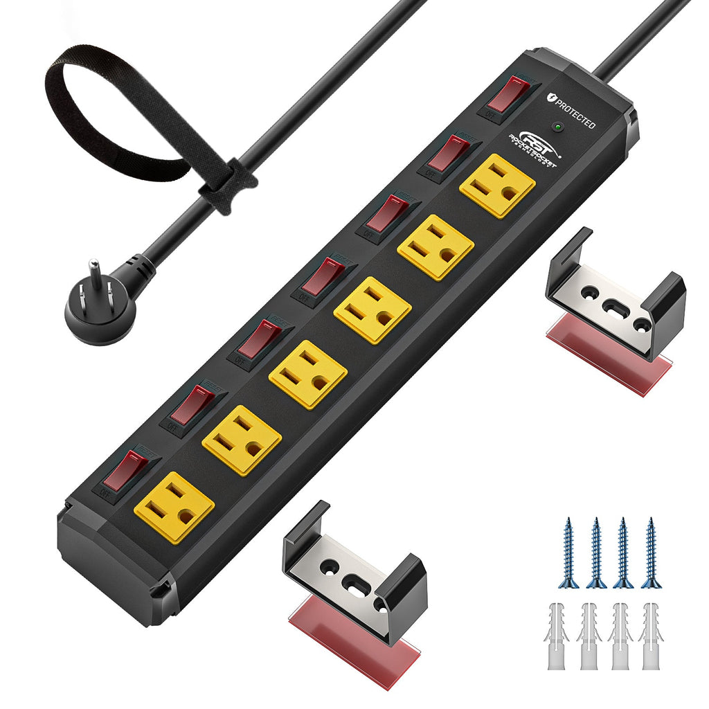 CRST 6 Outlets Individual Switches Mountable Metal Power Strip Surge Protector, 6FT Flat Plug Power Cord SpadezStore