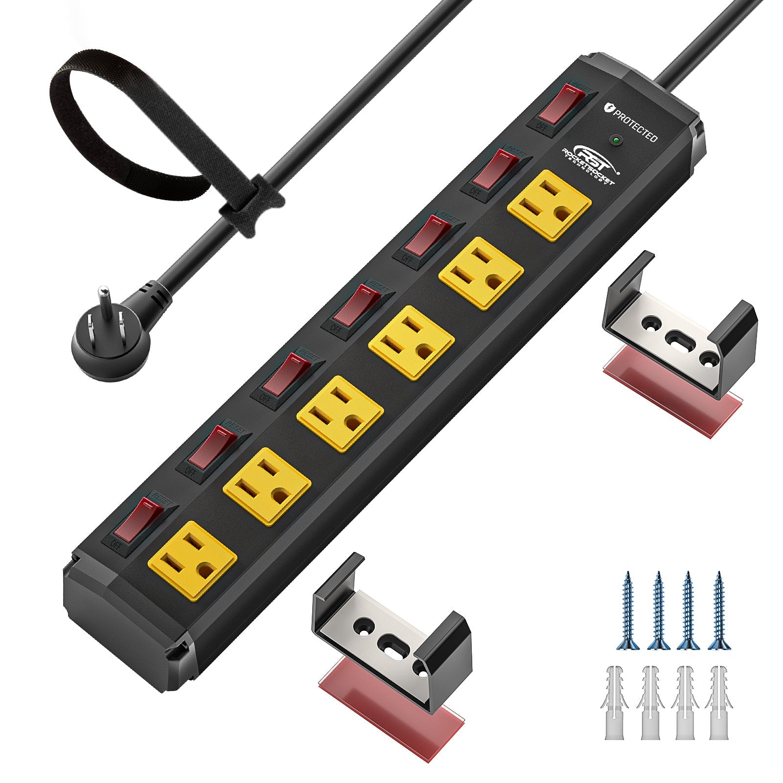 CRST 6 Outlets Individual Switches Mountable Metal Power Strip Surge Protector, 6FT Flat Plug Power Cord SpadezStore