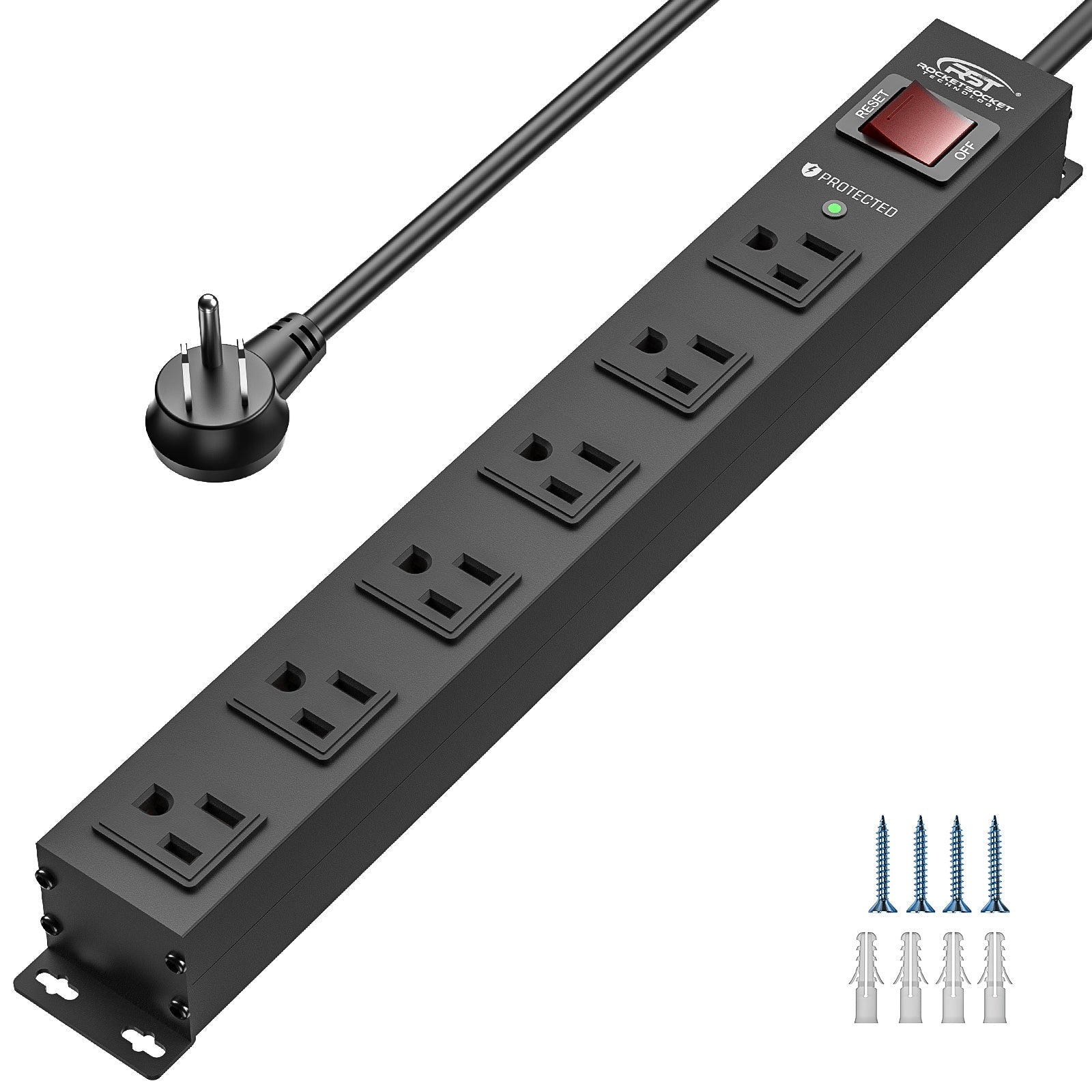 Rocket Socket Technology 6-Outlet Slim Mountable Metal Power Strip | Dual-Pole Switch, 2100J Surge Protector, Wide-Spaced Outlets, 10ft