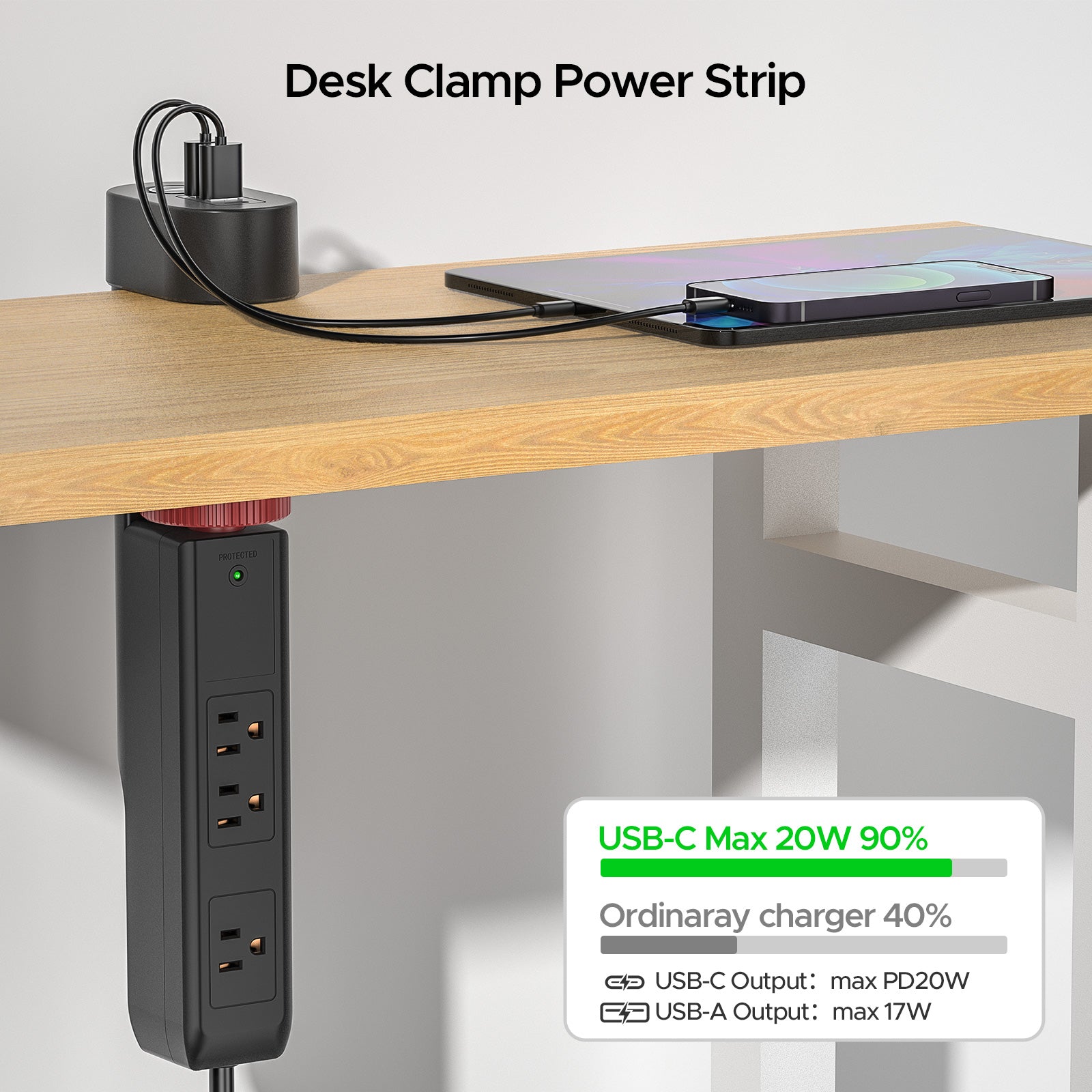 CRST Desk Clamp Surge Protector Power Strip with USB-C Port 6FT Extension Cord Flat Plug 1020J Protection Fits Tables Up to 2 Inches 36 Months Warranty SpadezStore