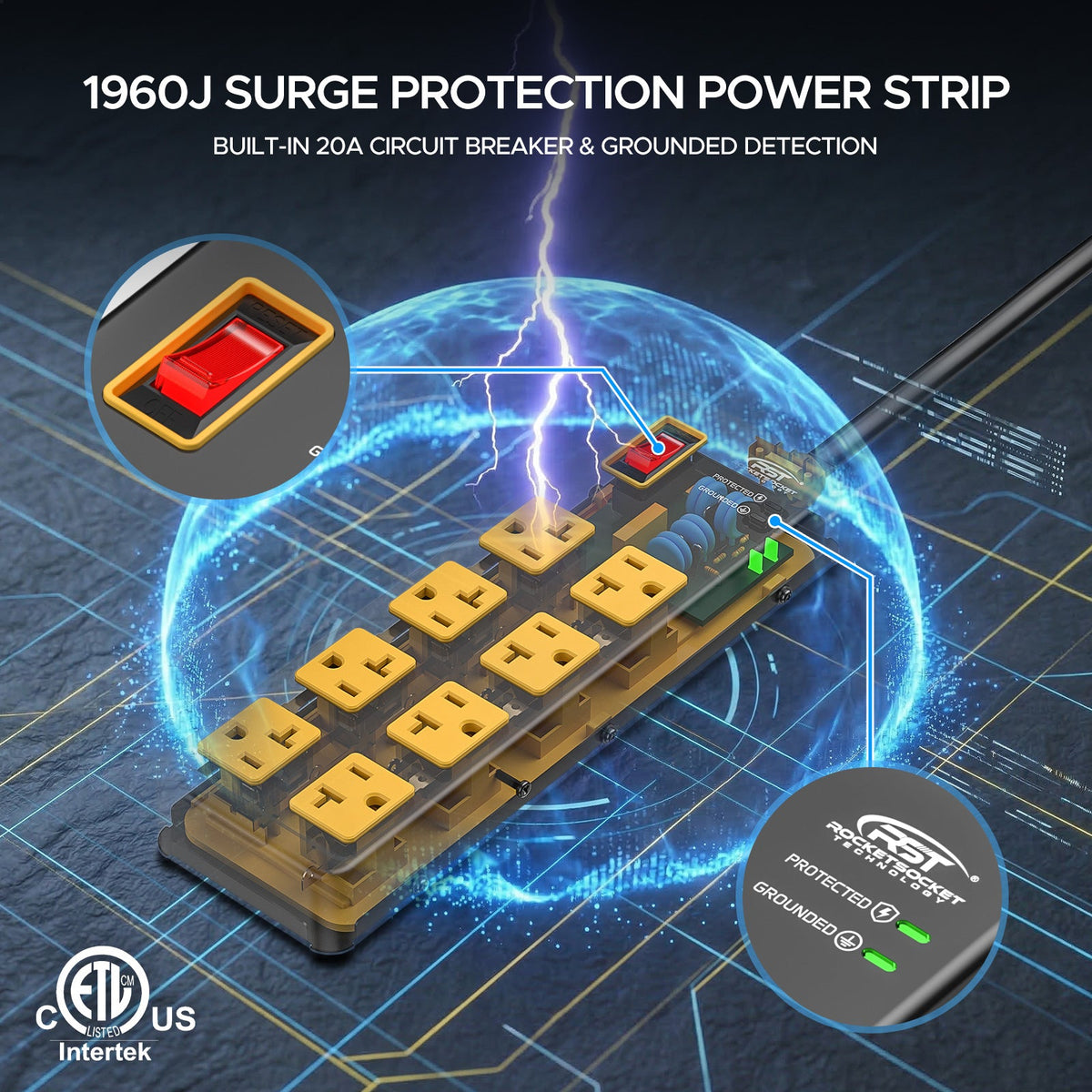 Rocket Socket Technology ETL Listed 20A Heavy Duty Metal Power Strip – 8-Outlet, 1960J Surge Protector, 12AWG 6FT Cord