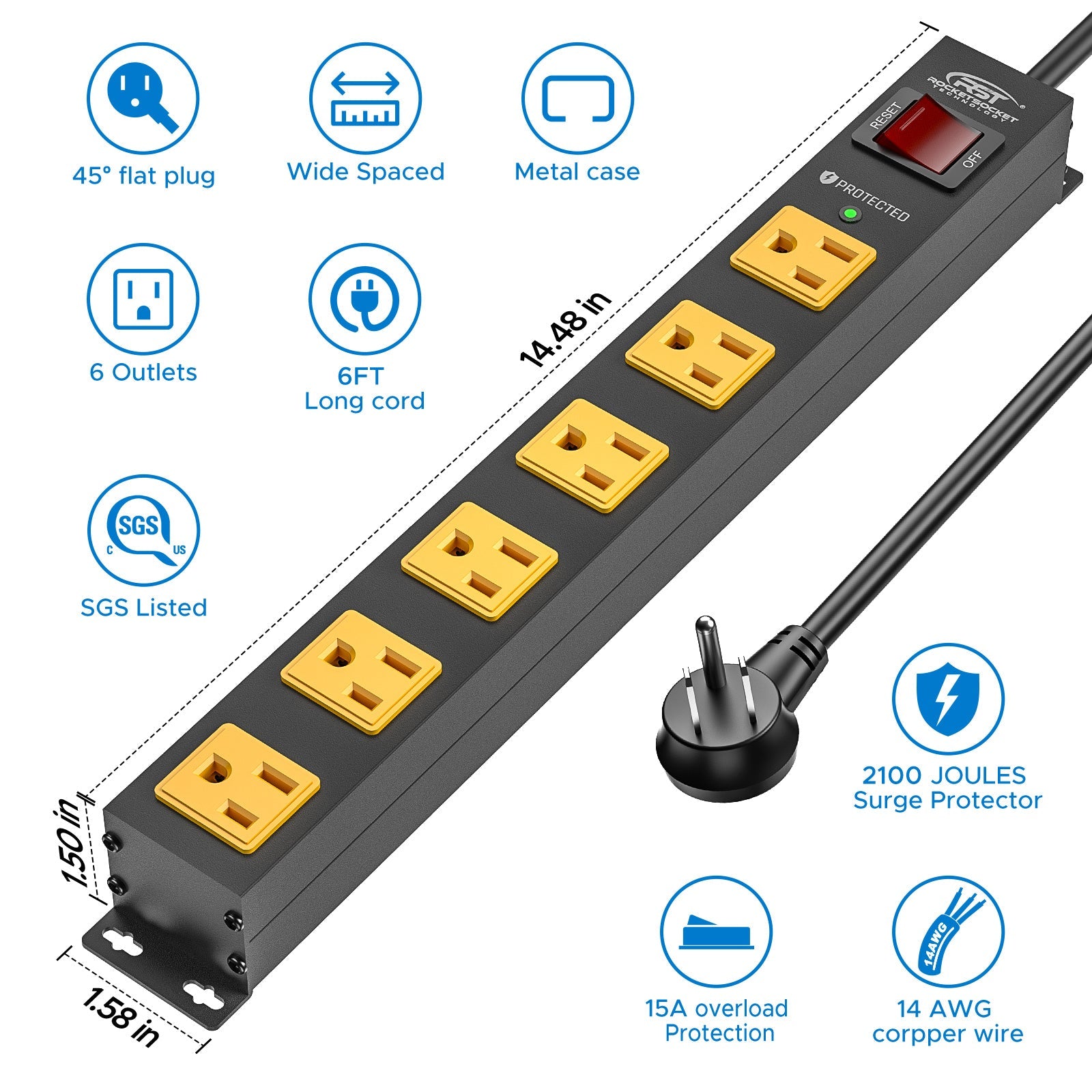 Rocket Socket Technology CRST 6 Outlets Wide Spaced Mountable Metal Power Strip Surge Protector, 6FT Flat Plug Power Cord, Mounting Kits Included SpadezStore