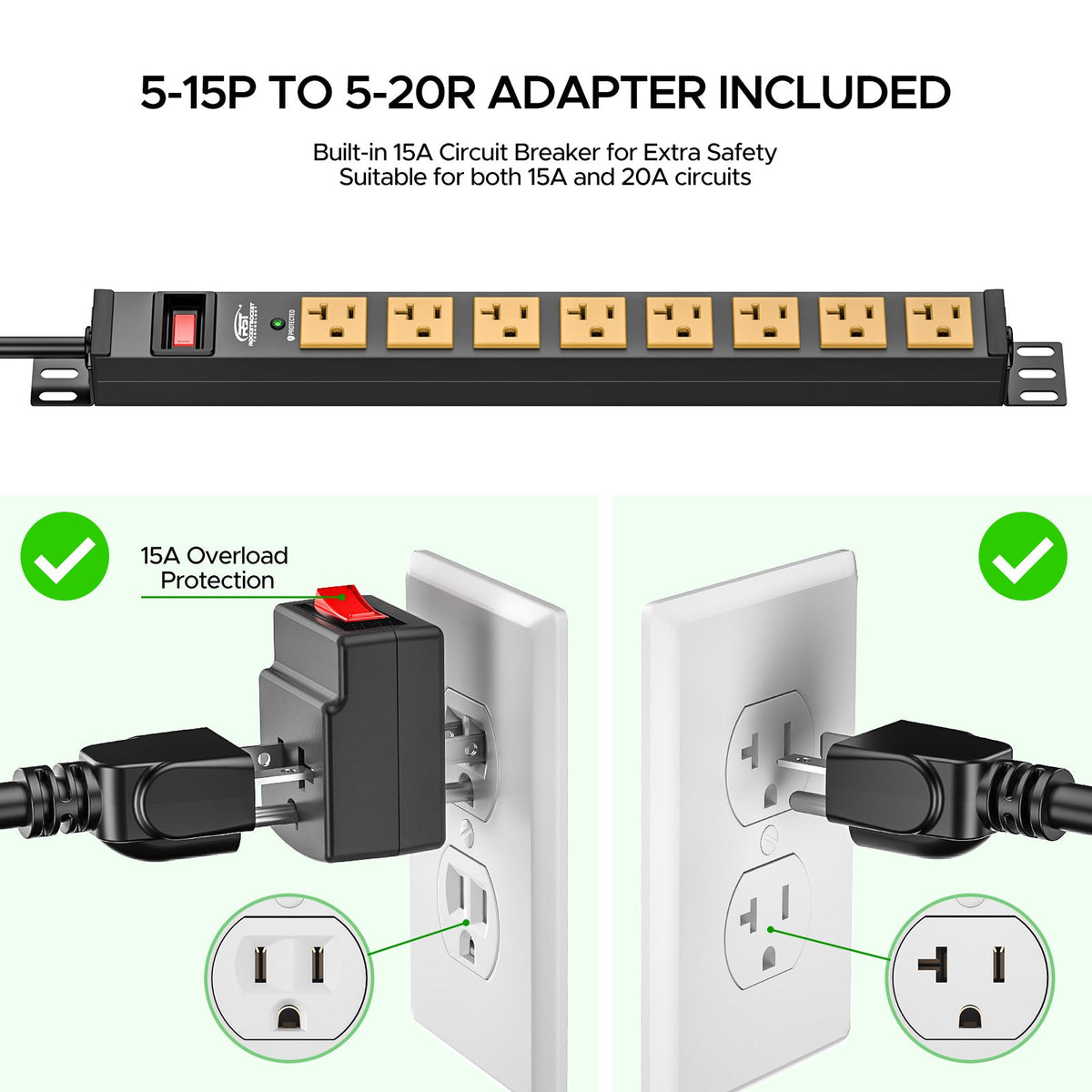 Rocket Socket Technology ETL Listed 20A Heavy Duty Power Strip | 8-Outlet Metal Surge Protector with Wall & Rack Mount