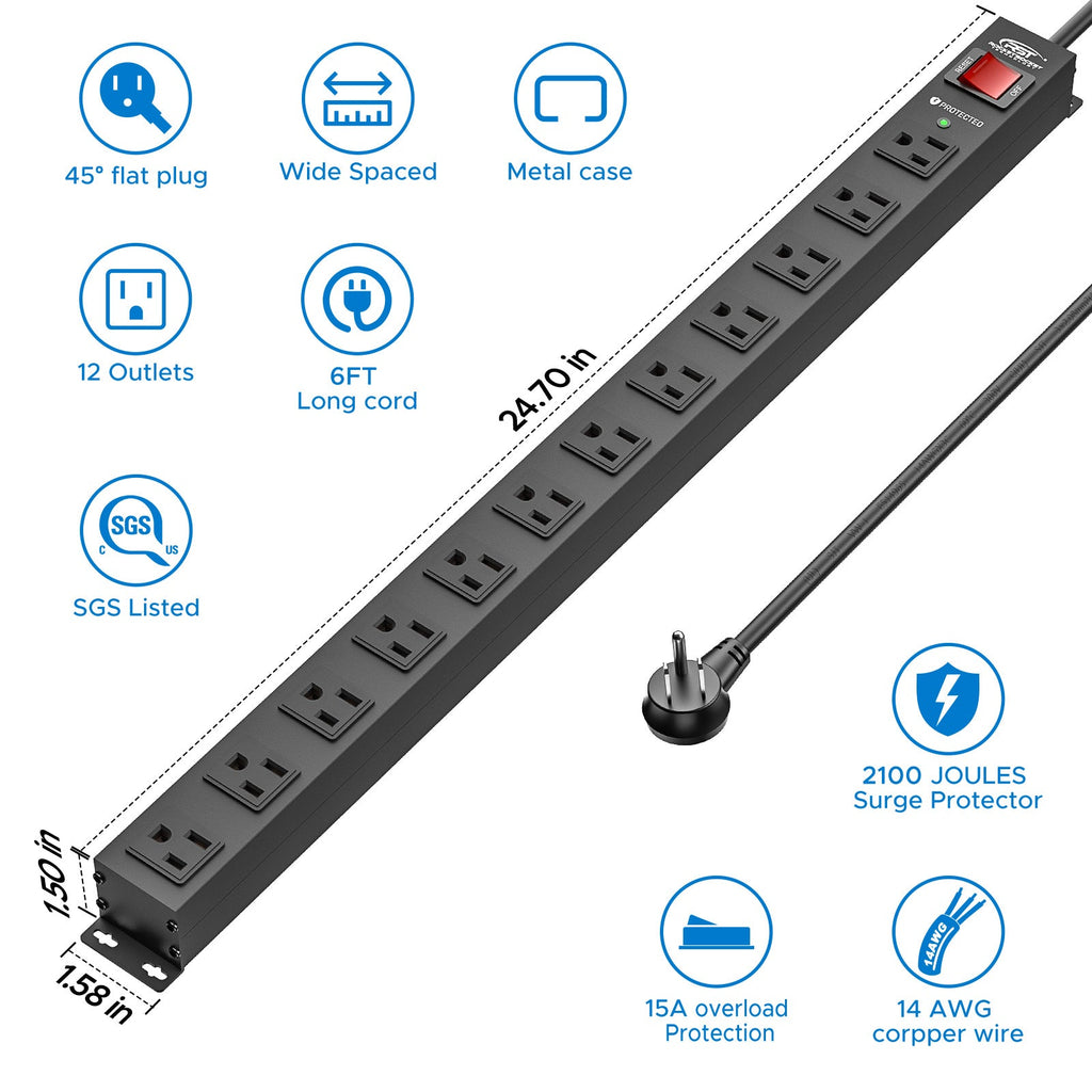 CRST 12 Outlets Wide Spaced Mountable Metal Power Strip Surge Protector, Optional 15FT or 6FT Flat Plug Power Cord SpadezStore
