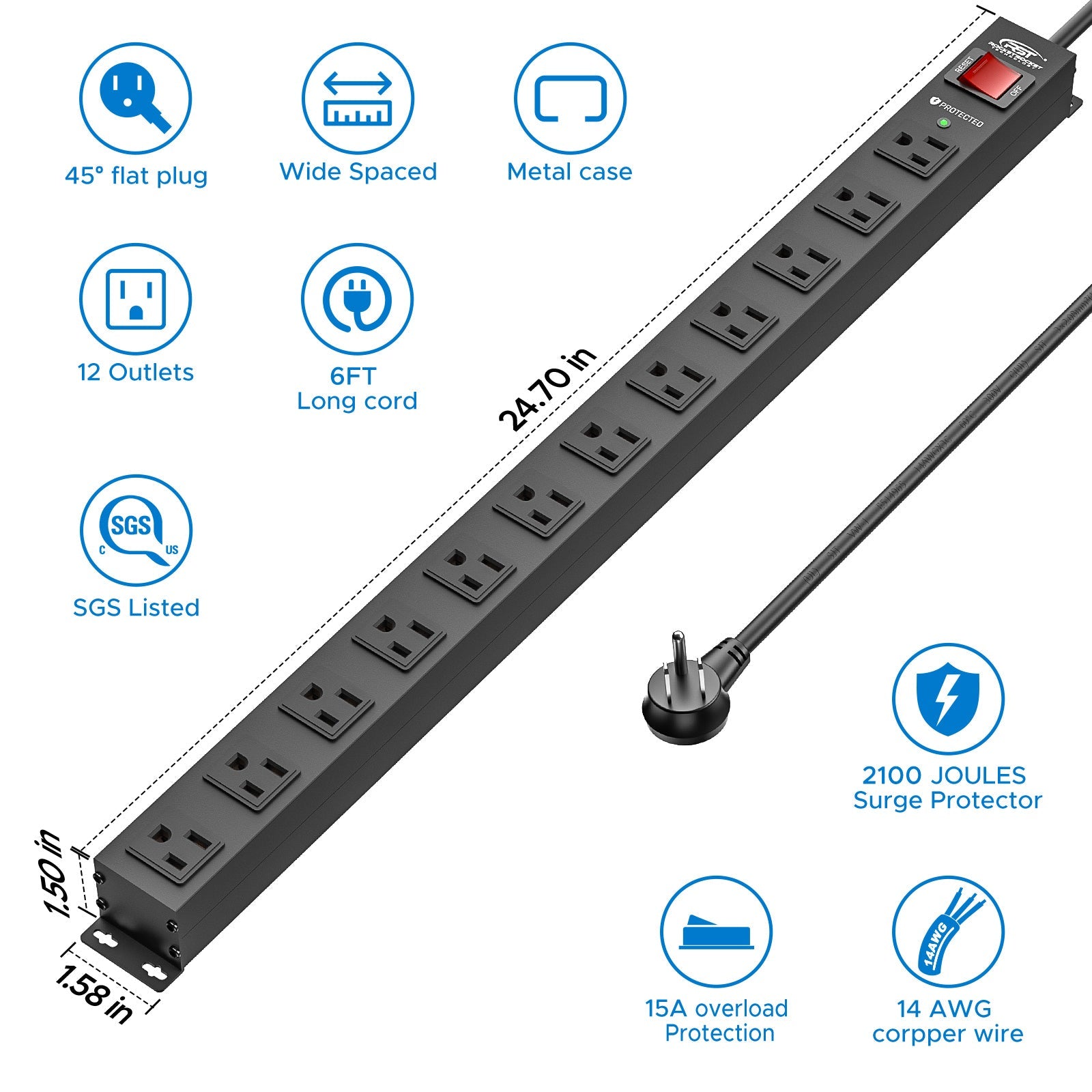 CRST 12 Outlets Wide Spaced Mountable Metal Power Strip Surge Protector, Optional 15FT or 6FT Flat Plug Power Cord SpadezStore