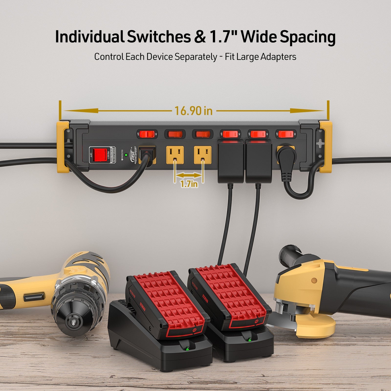 CRST Mountable 6-Outlets Individual Switches Metal Power Strip Surge Protector with Cord Holder 6FT Flat Plug Power Cord 1020J Protection 36 Months Warranty SpadezStore