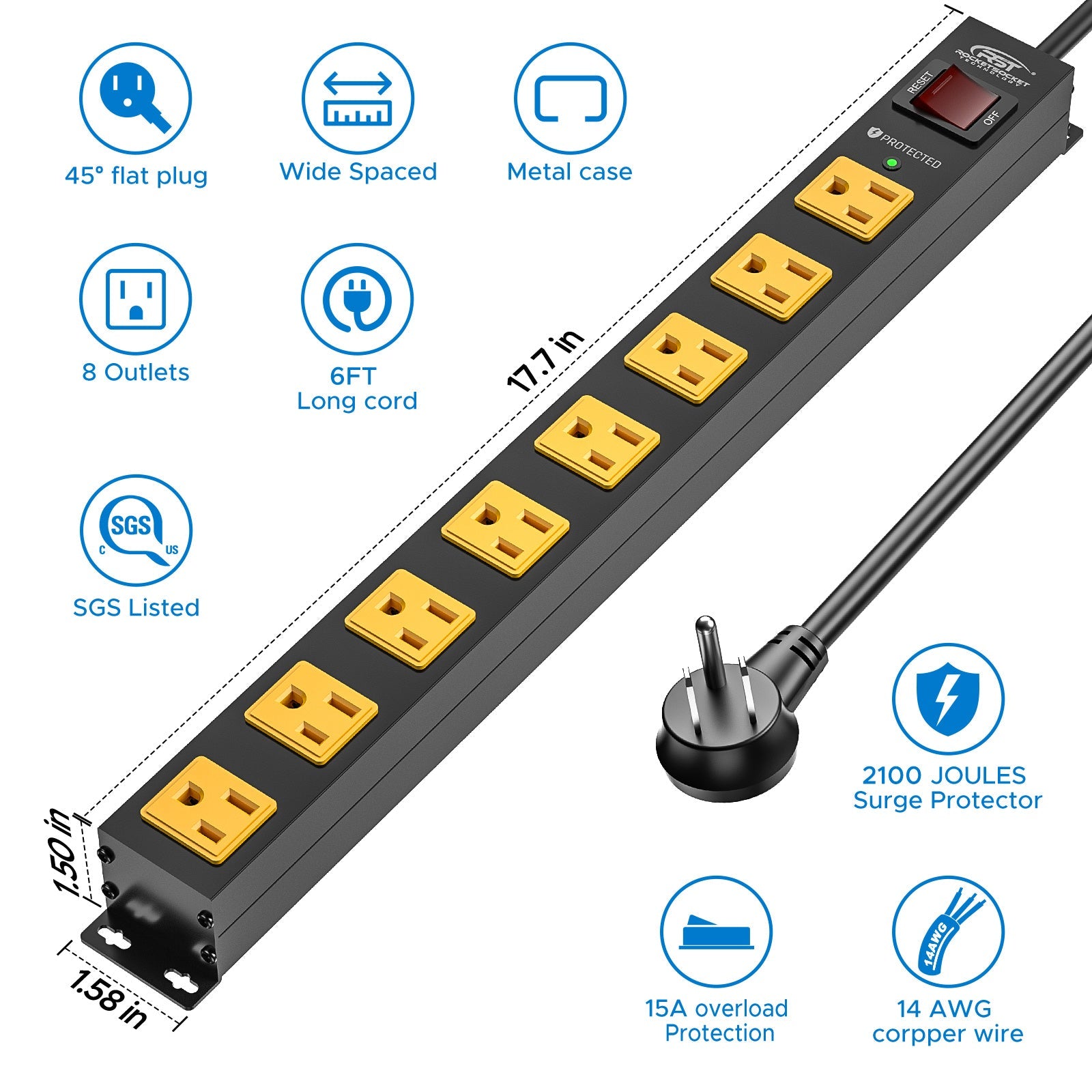 CRST 8 Outlets Wide Spaced Mountable Metal Power Strip Surge Protector 6FT Flat Plug with 2100 Joules Protection and 15Amp Circuit Breaker Included SpadezStore