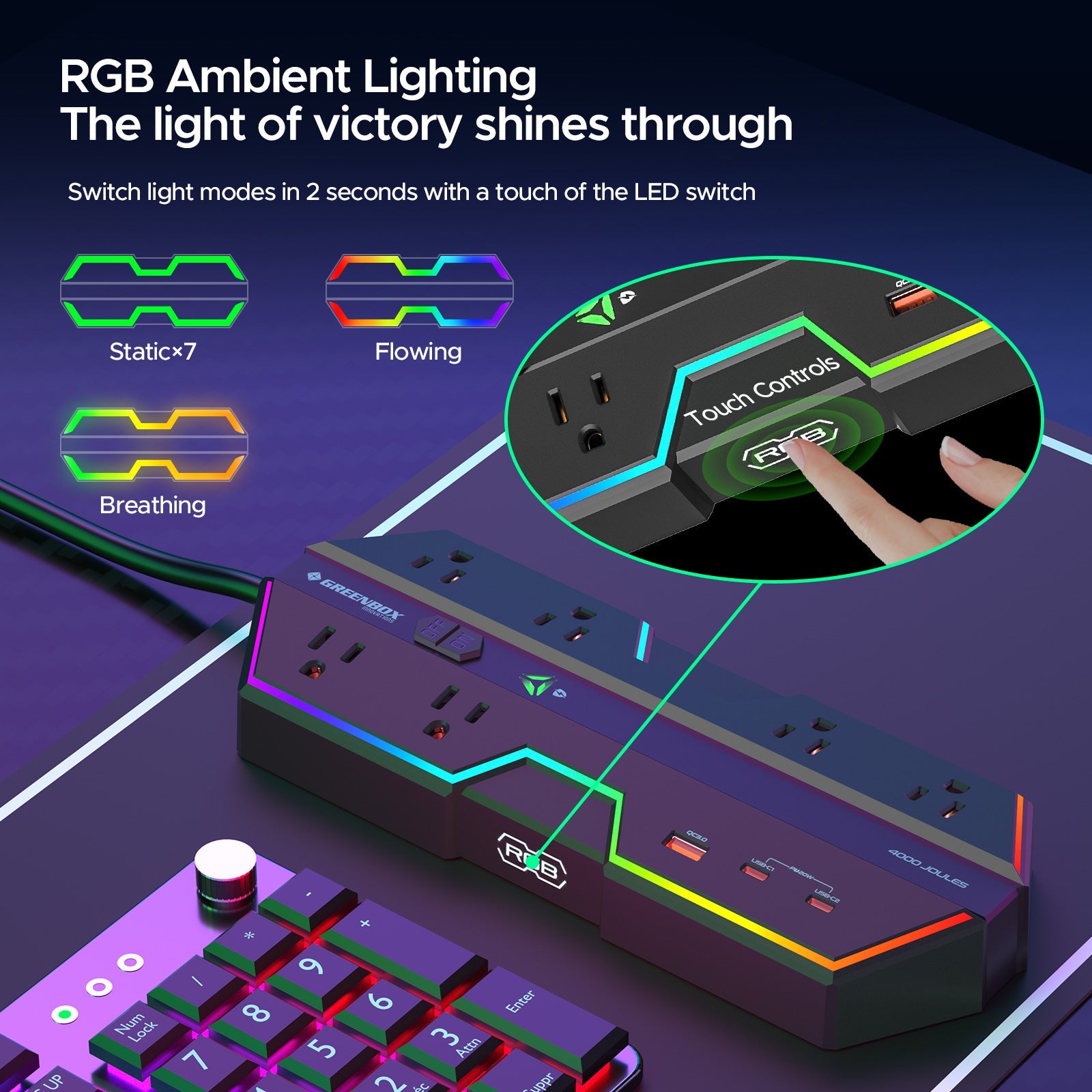 Rocket Socket Technology 6 Outlet Surge Protector Power Strip with RGB Lights and PD 20W Fast Charging USB Ports, Wide-Spaced Outlet Perfect for e-Sports, Game PC, Home and Offices SpadezStore