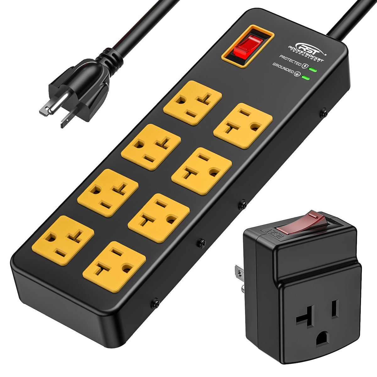Rocket Socket Technology ETL Listed 20A Heavy Duty Metal Power Strip – 8-Outlet, 1960J Surge Protector, 12AWG 6FT Cord