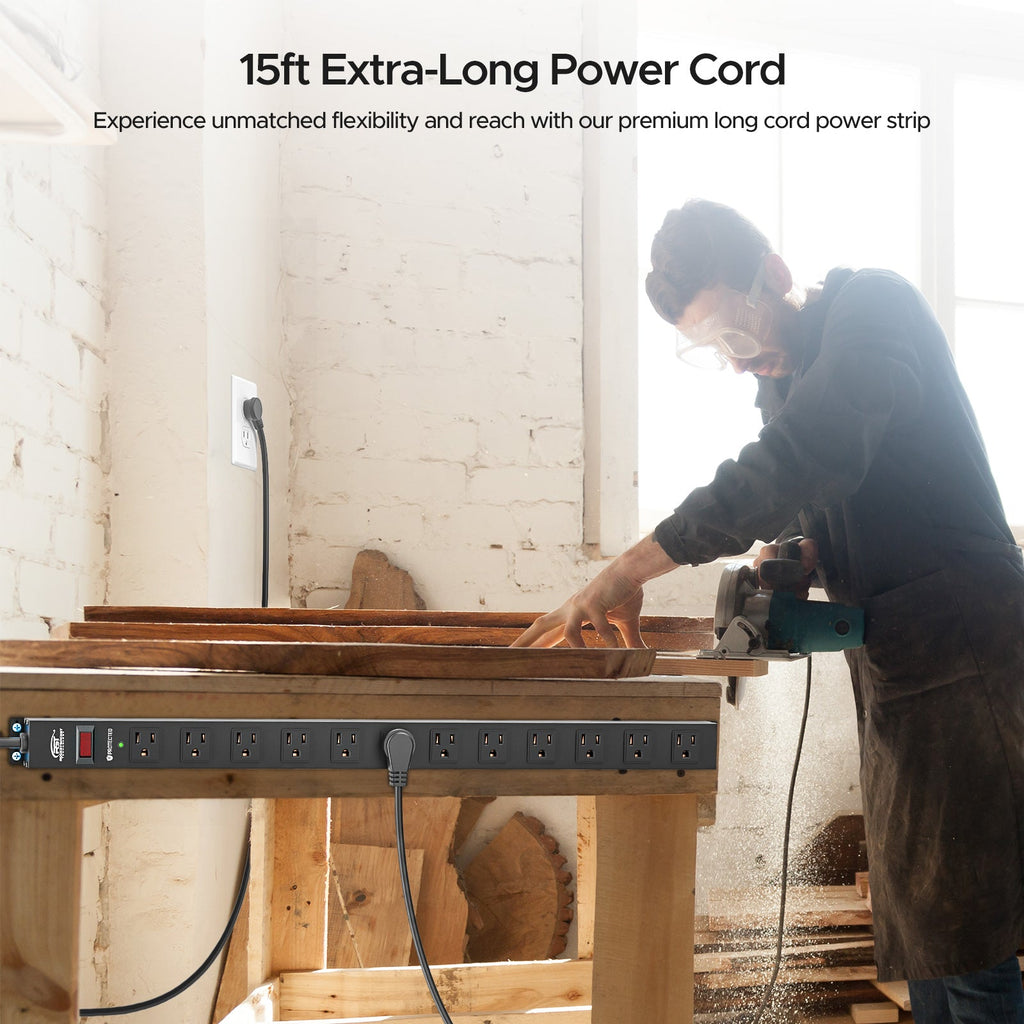 CRST 12 Outlets Wide Spaced Mountable Metal Power Strip Surge Protector, Optional 15FT or 6FT Flat Plug Power Cord SpadezStore