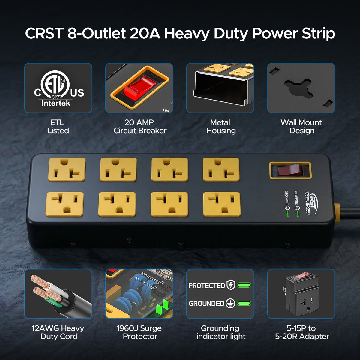 Rocket Socket Technology ETL Listed 20A Heavy Duty Metal Power Strip – 8-Outlet, 1960J Surge Protector, 12AWG 6FT Cord