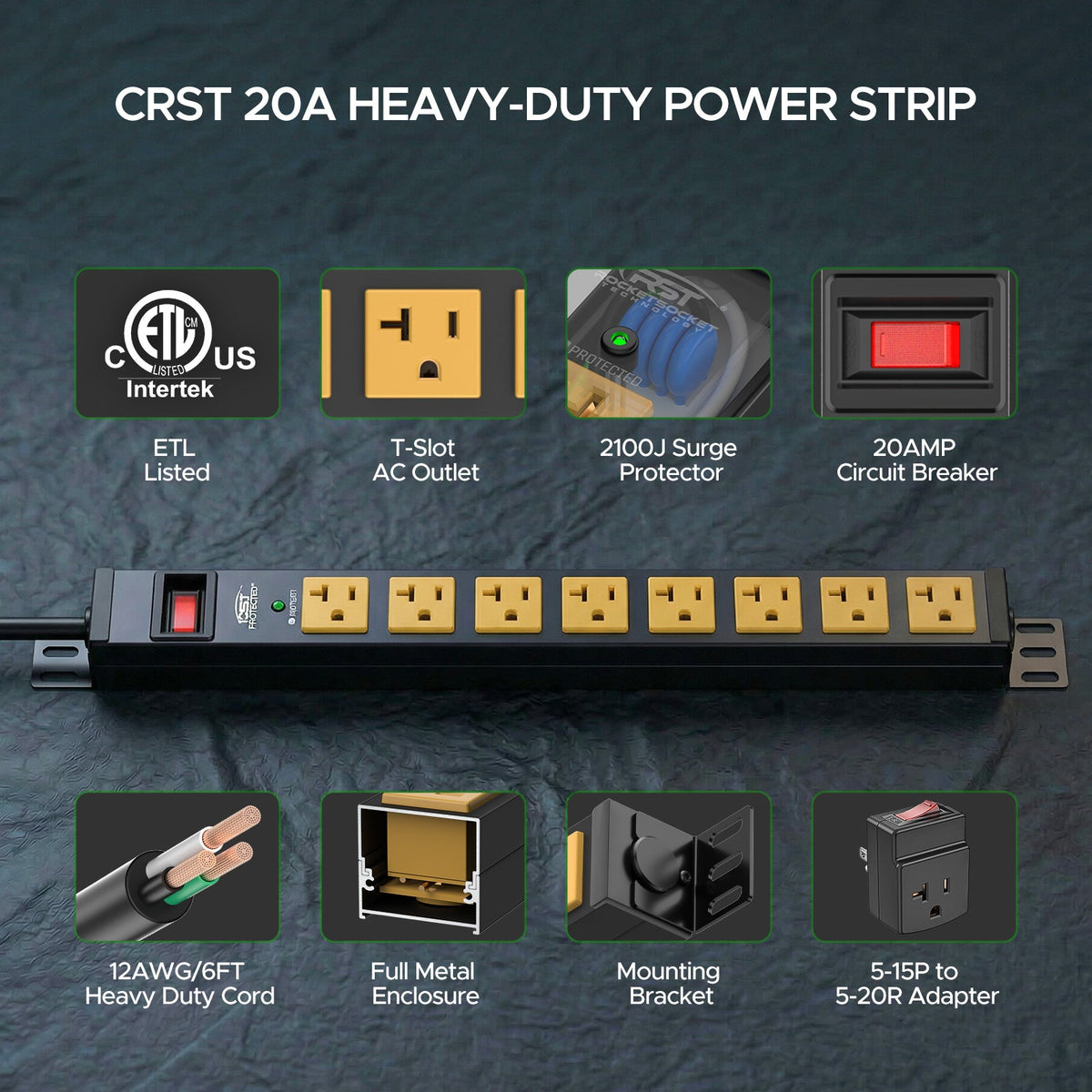 Rocket Socket Technology ETL Listed 20A Heavy Duty Power Strip | 8-Outlet Metal Surge Protector with Wall & Rack Mount