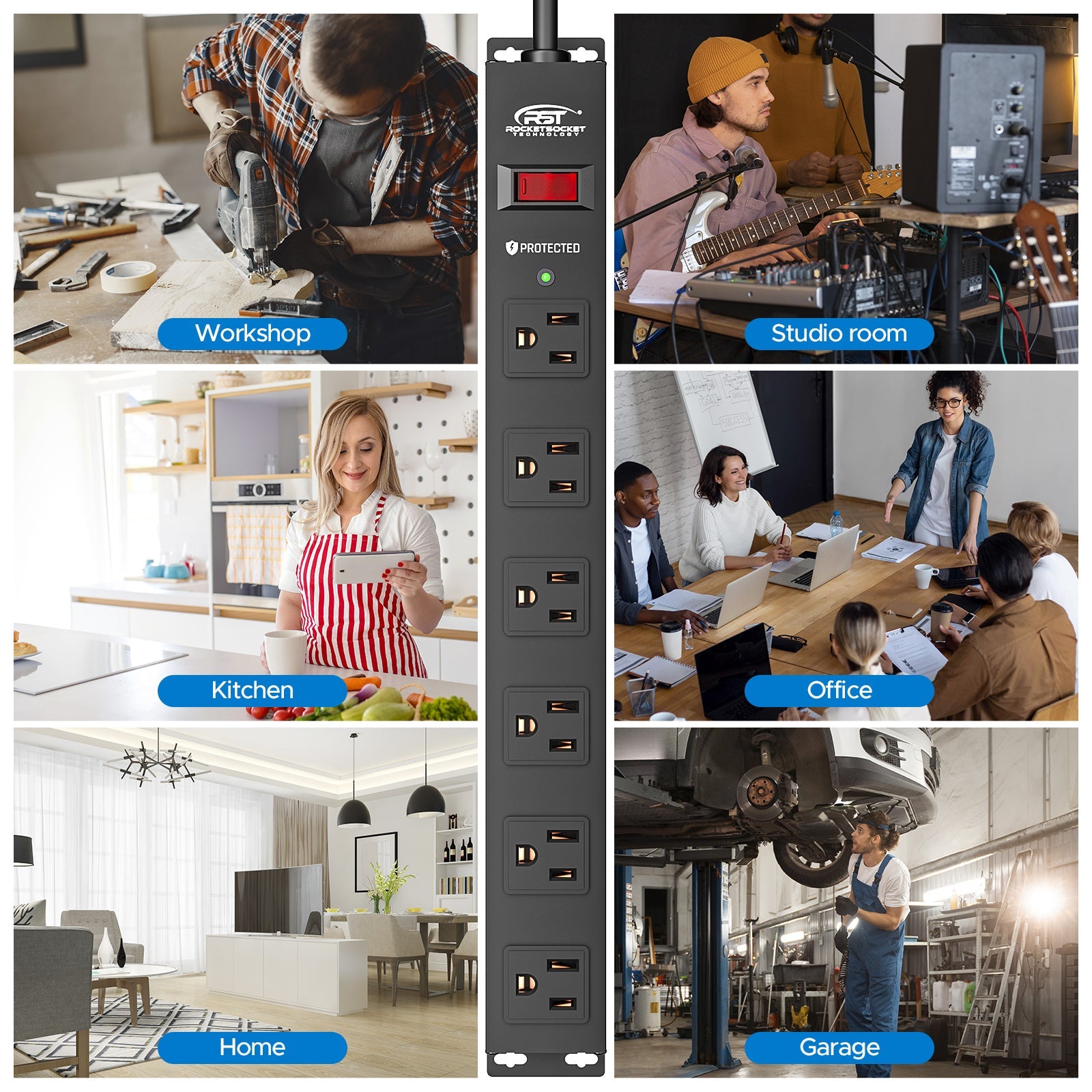 Rocket Socket Technology CRST 6 Outlets Wide Spaced Mountable Metal Power Strip Surge Protector, 6FT Flat Plug Power Cord, Mounting Kits Included SpadezStore