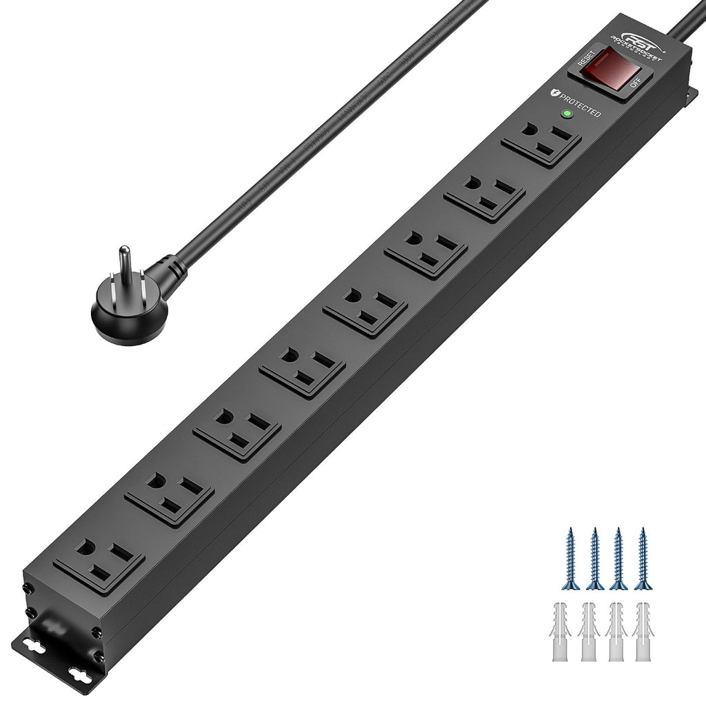 CRST 8 Outlets Wide Spaced Mountable Metal Power Strip Surge Protector 6FT Flat Plug with 2100 Joules Protection and 15Amp Circuit Breaker Included SpadezStore