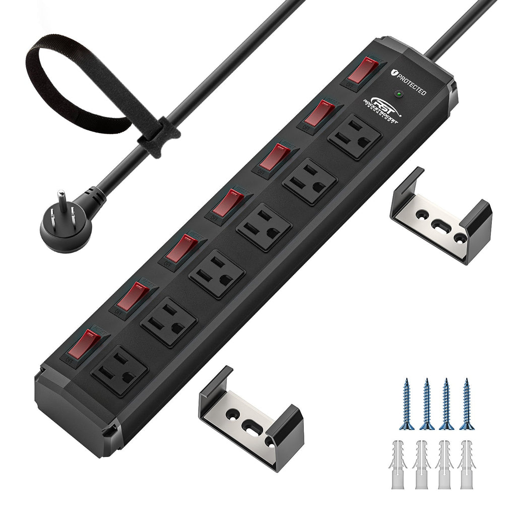 CRST 6 Outlets Individual Switches Mountable Metal Power Strip Surge Protector, 6FT Flat Plug Power Cord SpadezStore