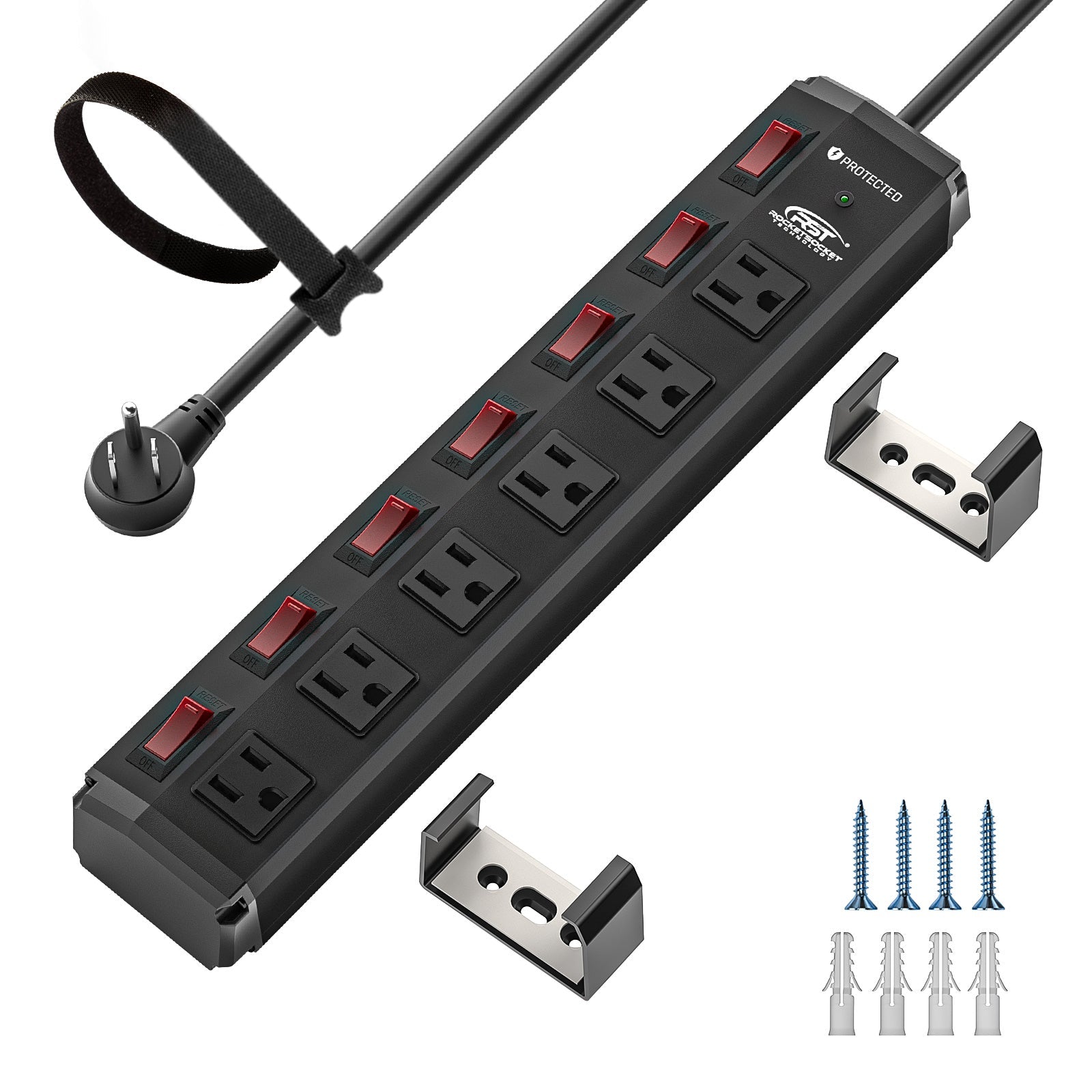 CRST 6 Outlets Individual Switches Mountable Metal Power Strip Surge Protector, 6FT Flat Plug Power Cord SpadezStore
