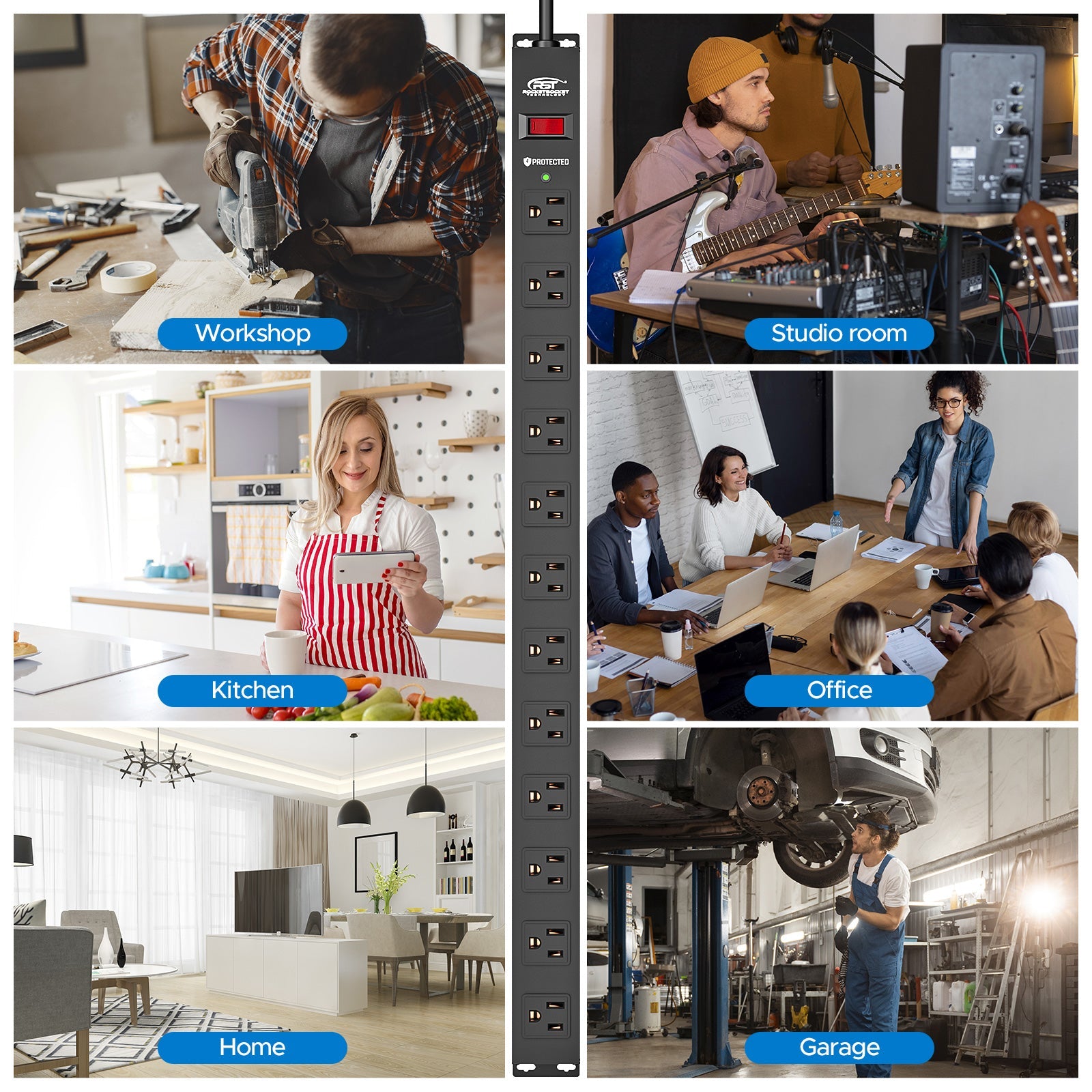 CRST 12 Outlets Wide Spaced Mountable Metal Power Strip Surge Protector, Optional 15FT or 6FT Flat Plug Power Cord SpadezStore