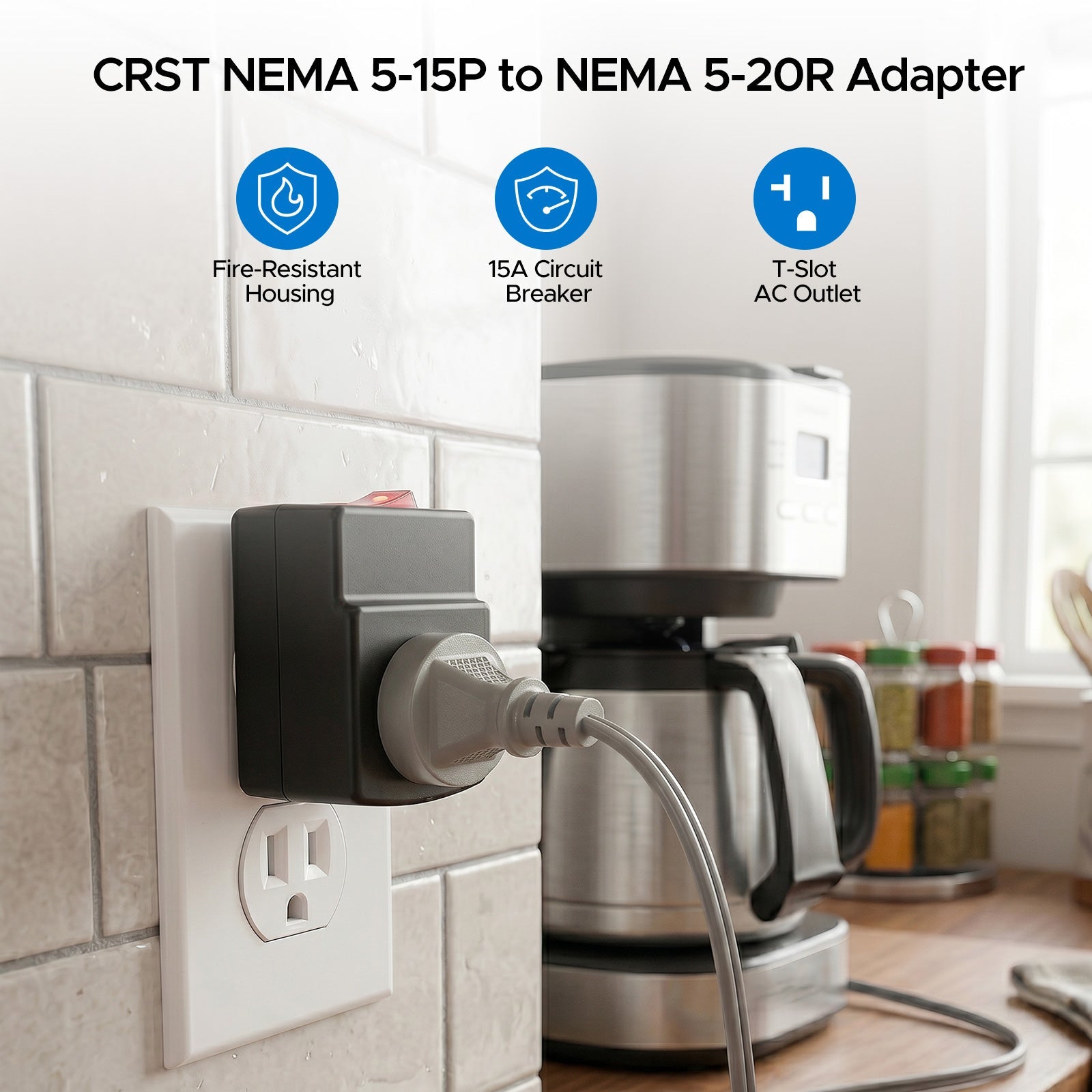 Rocket Socket Technology ETL Listed 15 to 20 Amp Adapter Plug with Built-In 15A Circuit Breaker | NEMA 5-15P to 5-20R
