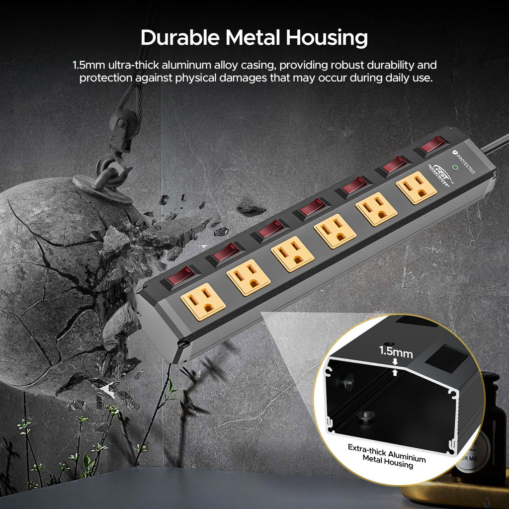 CRST 6 Outlets Individual Switches Mountable Metal Power Strip Surge Protector, 6FT Flat Plug Power Cord SpadezStore