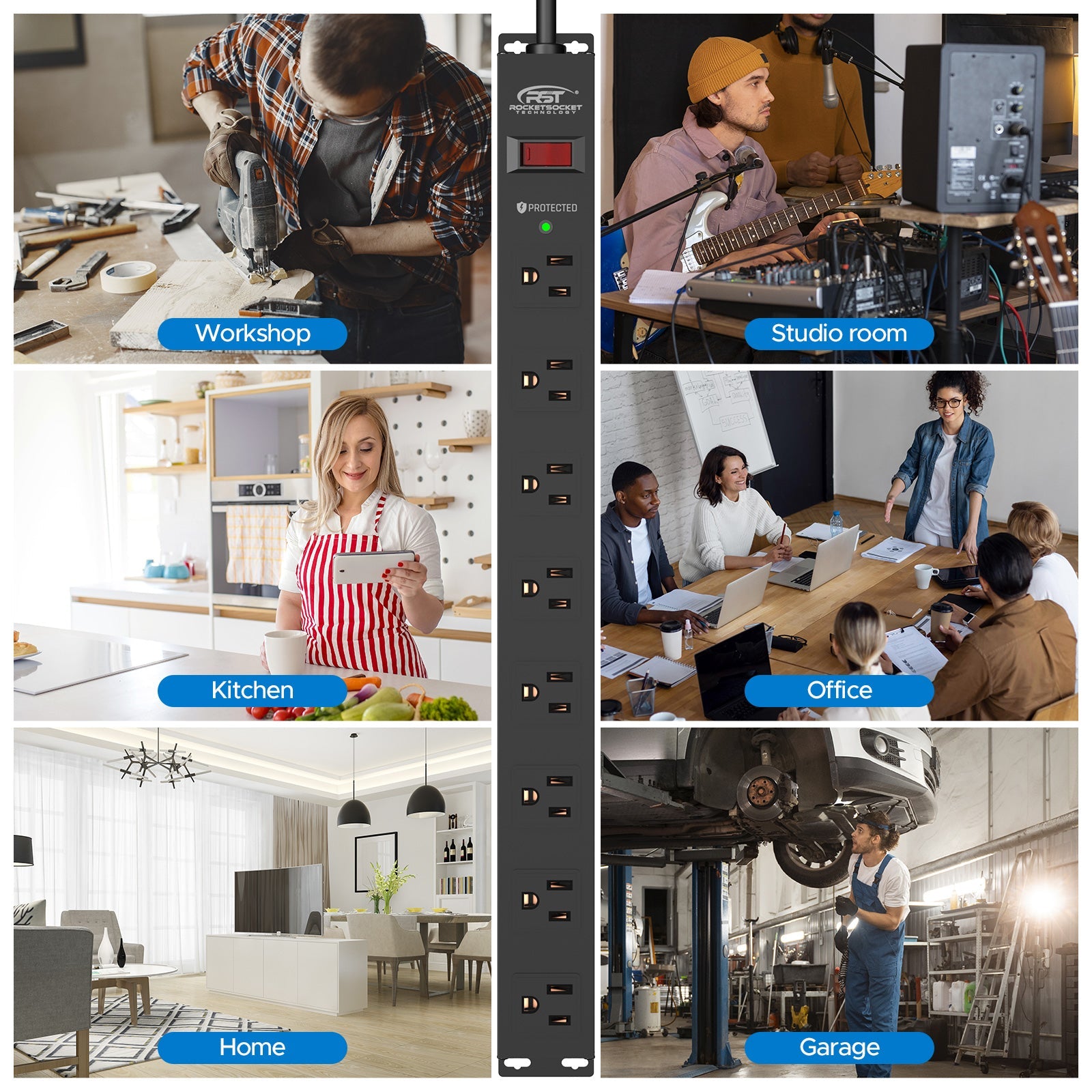 CRST 8 Outlets Wide Spaced Mountable Metal Power Strip Surge Protector 6FT Flat Plug with 2100 Joules Protection and 15Amp Circuit Breaker Included SpadezStore