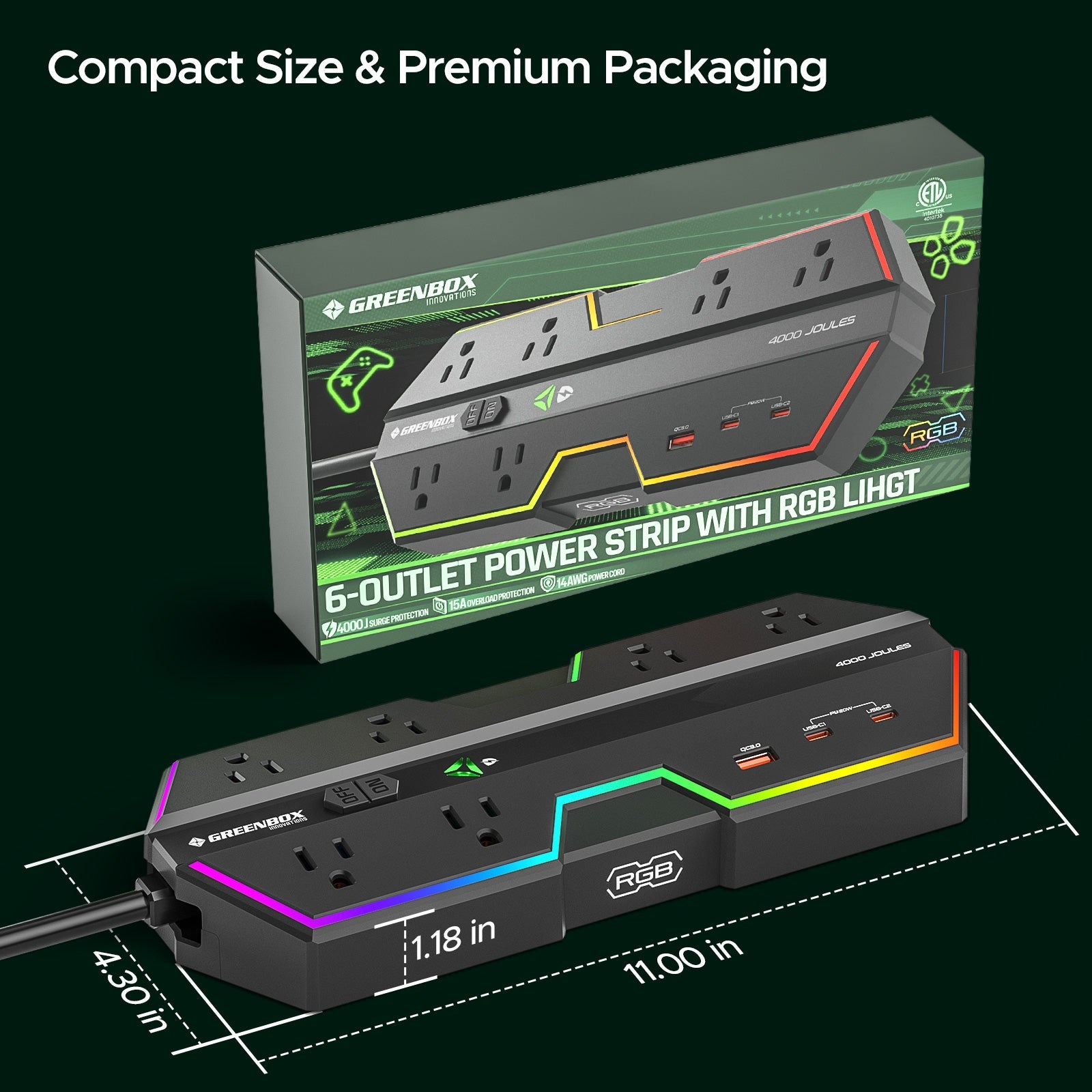 Rocket Socket Technology 6 Outlet Surge Protector Power Strip with RGB Lights and PD 20W Fast Charging USB Ports, Wide-Spaced Outlet Perfect for e-Sports, Game PC, Home and Offices SpadezStore