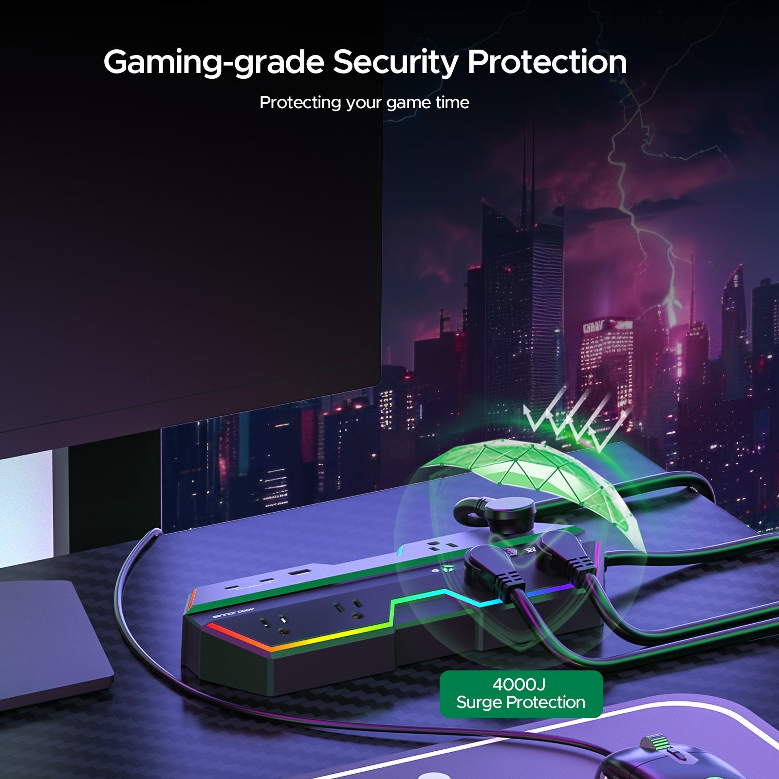 Rocket Socket Technology 6 Outlet Surge Protector Power Strip with RGB Lights and PD 20W Fast Charging USB Ports, Wide-Spaced Outlet Perfect for e-Sports, Game PC, Home and Offices SpadezStore