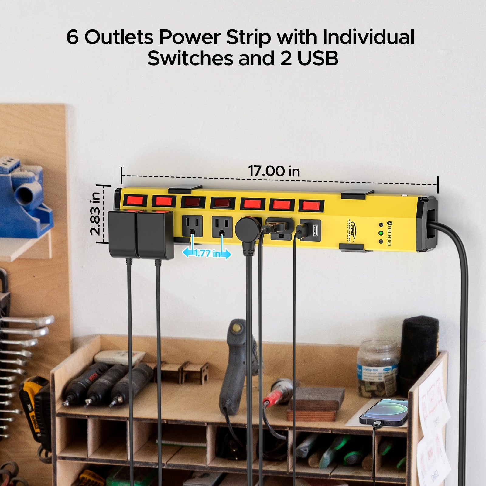 CRST 6 Outlets Individual Switches Mountable Metal Power Strip Surge Protector with Dural USB Ports 6FT Flat Plug Power Cord SpadezStore