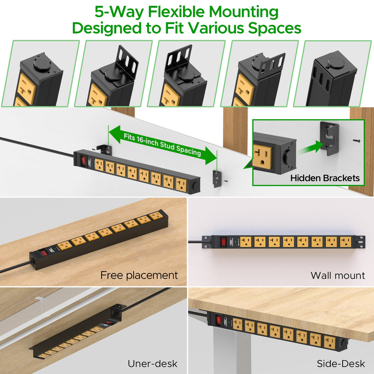 Rocket Socket Technology ETL Listed 20A Heavy Duty Power Strip | 8-Outlet Metal Surge Protector with Wall & Rack Mount