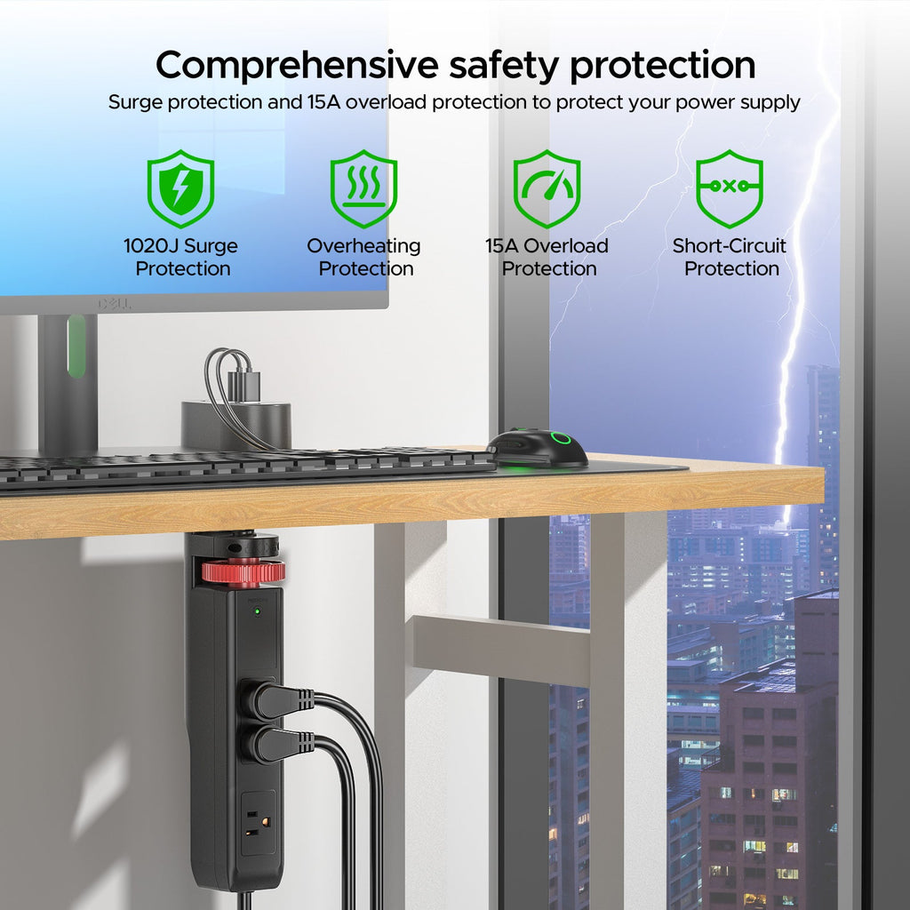 CRST Desk Clamp Surge Protector Power Strip with USB-C Port 6FT Extension Cord Flat Plug 1020J Protection Fits Tables Up to 2 Inches 36 Months Warranty SpadezStore