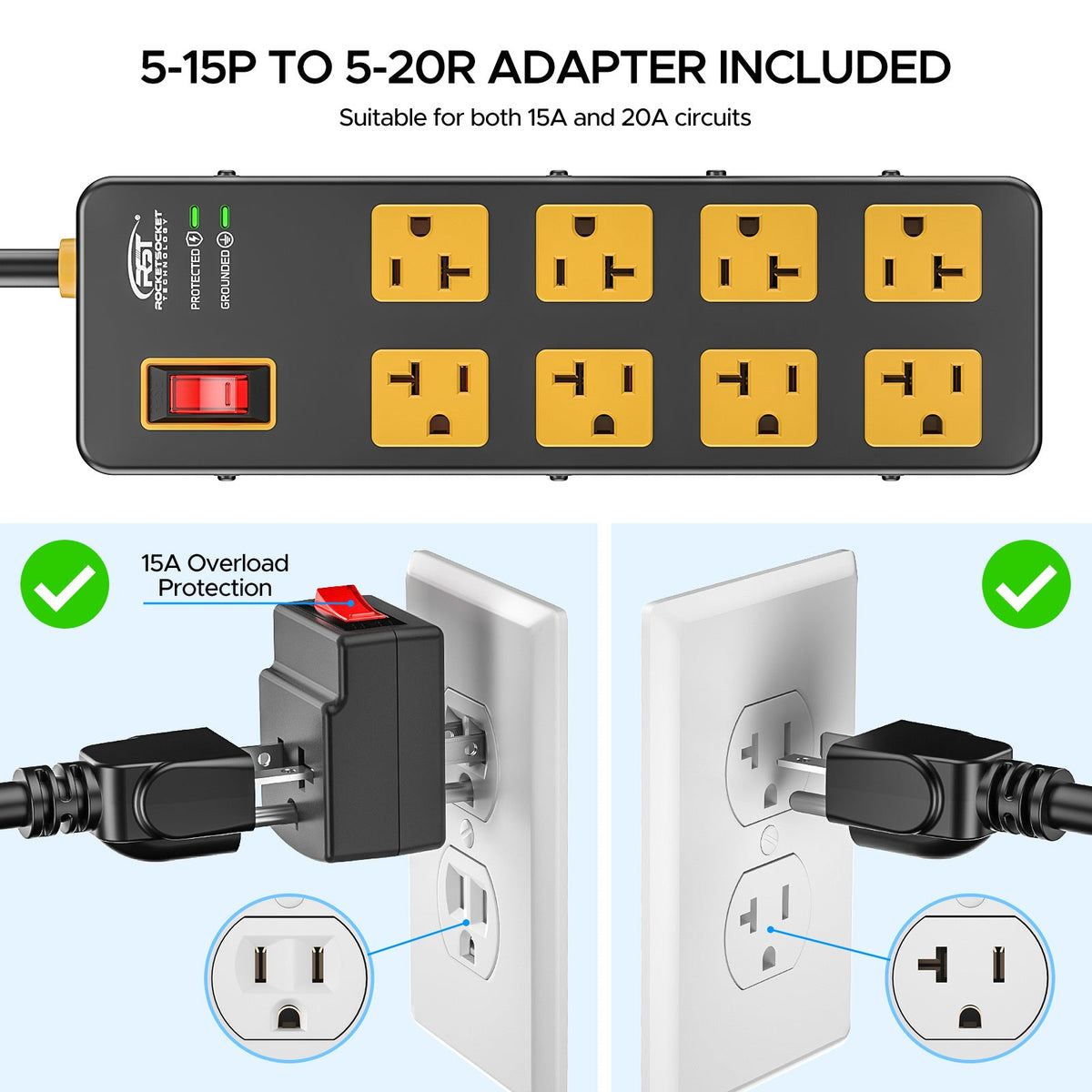 Rocket Socket Technology ETL Listed 20A Heavy Duty Metal Power Strip – 8-Outlet, 1960J Surge Protector, 12AWG 6FT Cord