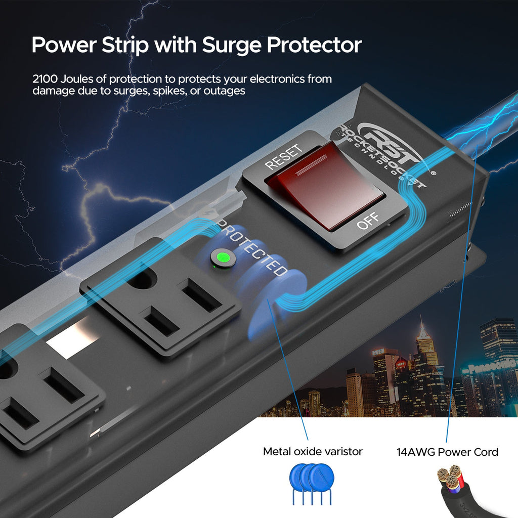 Rocket Socket Technology 6-Outlet Slim Mountable Metal Power Strip | Dual-Pole Switch, 2100J Surge Protector, Wide-Spaced Outlets, 10ft