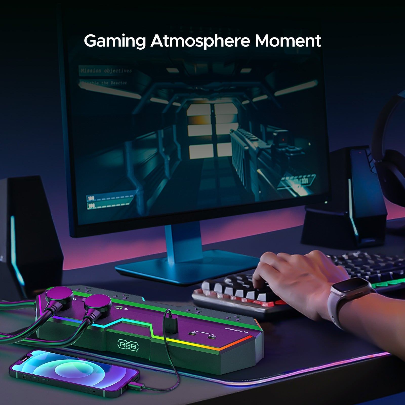 Rocket Socket Technology 6 Outlet Surge Protector Power Strip with RGB Lights and PD 20W Fast Charging USB Ports, Wide-Spaced Outlet Perfect for e-Sports, Game PC, Home and Offices SpadezStore