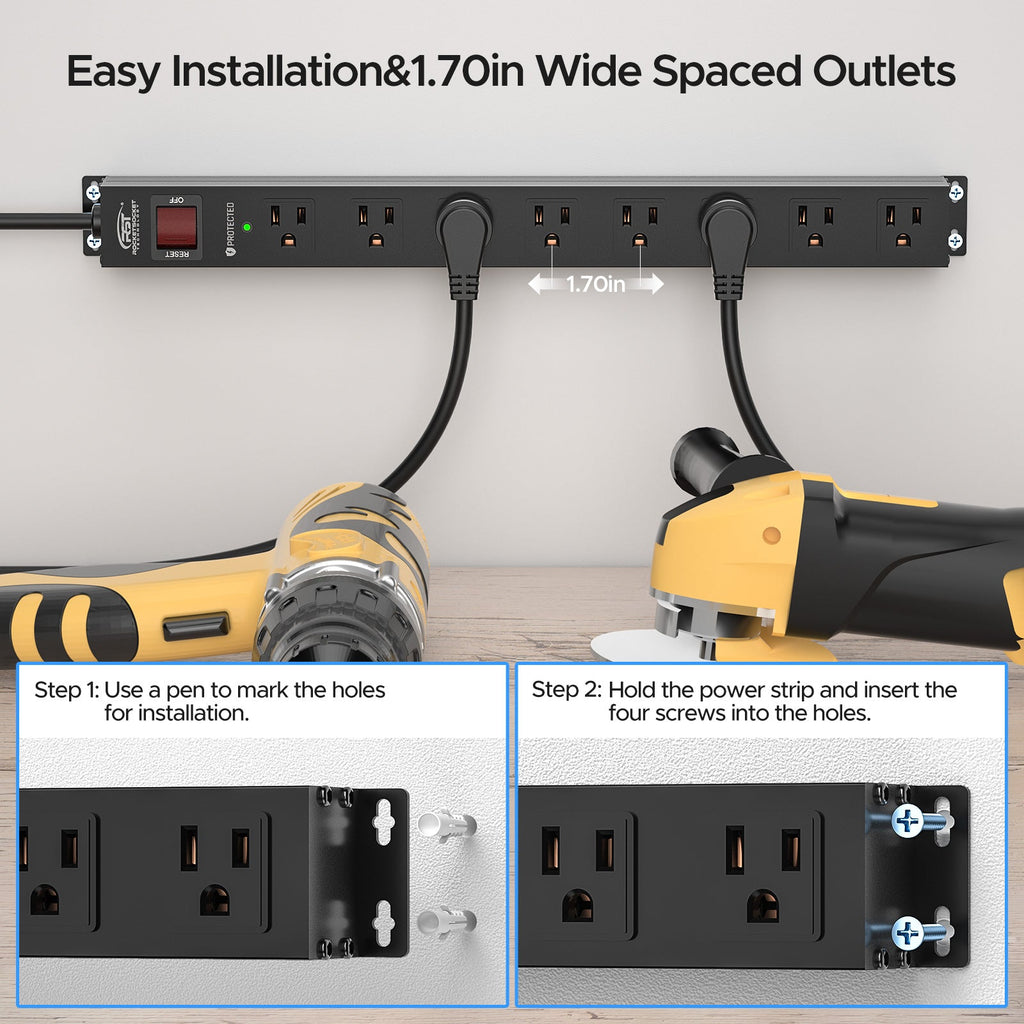 CRST 8 Outlets Wide Spaced Mountable Metal Power Strip Surge Protector 6FT Flat Plug with 2100 Joules Protection and 15Amp Circuit Breaker Included SpadezStore