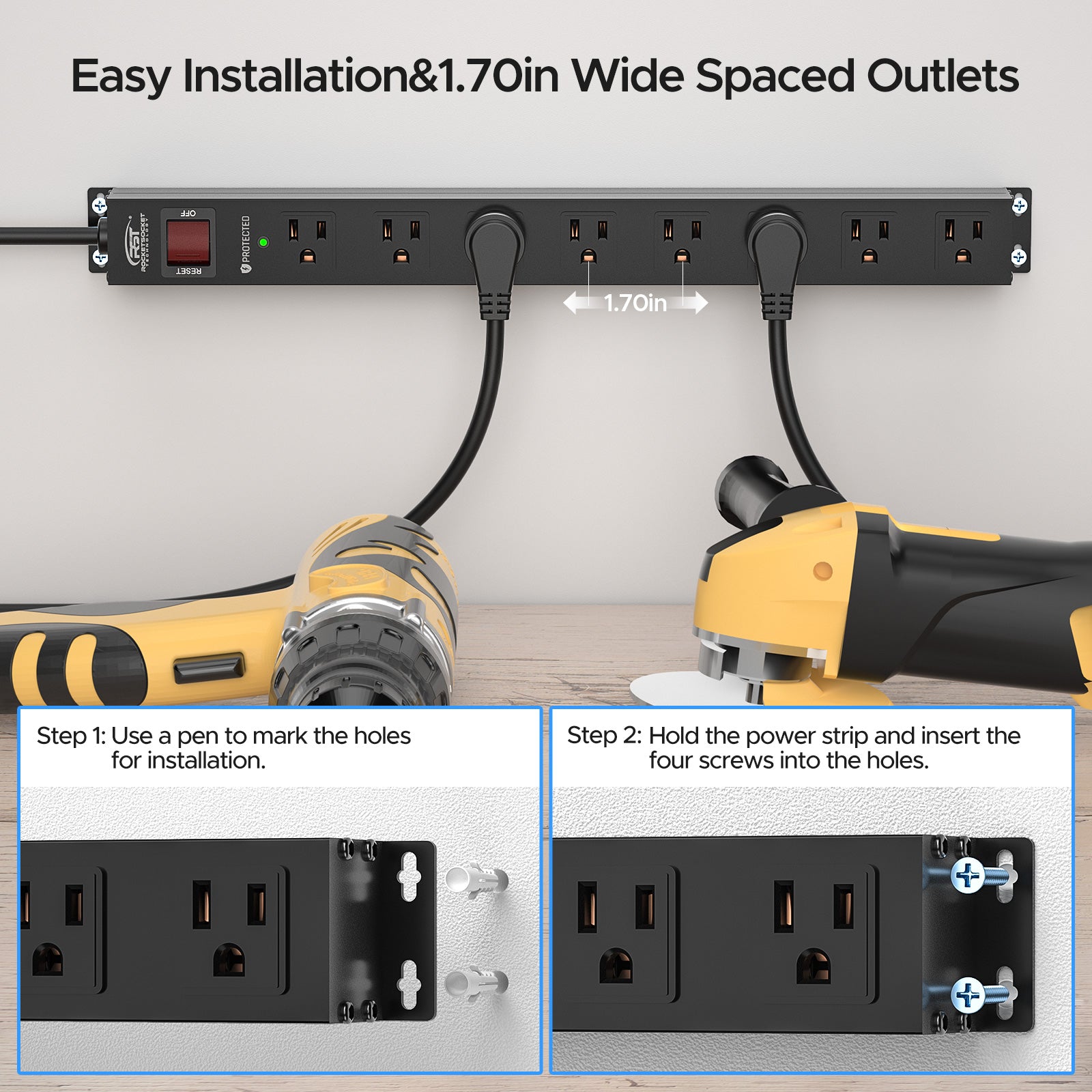 CRST 8 Outlets Wide Spaced Mountable Metal Power Strip Surge Protector 6FT Flat Plug with 2100 Joules Protection and 15Amp Circuit Breaker Included SpadezStore
