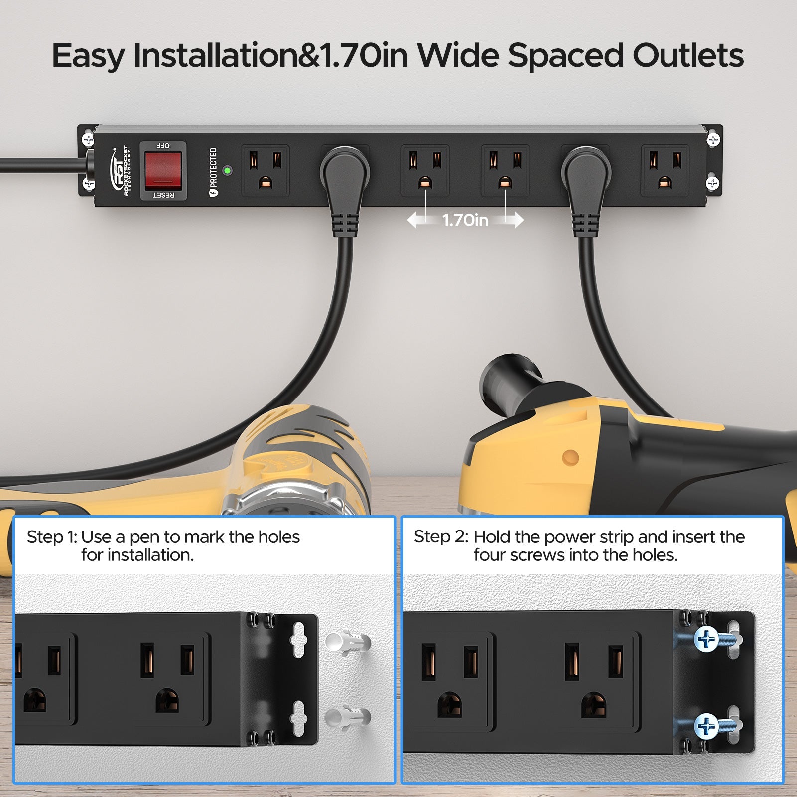 Rocket Socket Technology 6-Outlet Slim Mountable Metal Power Strip | Dual-Pole Switch, 2100J Surge Protector, Wide-Spaced Outlets, 10ft