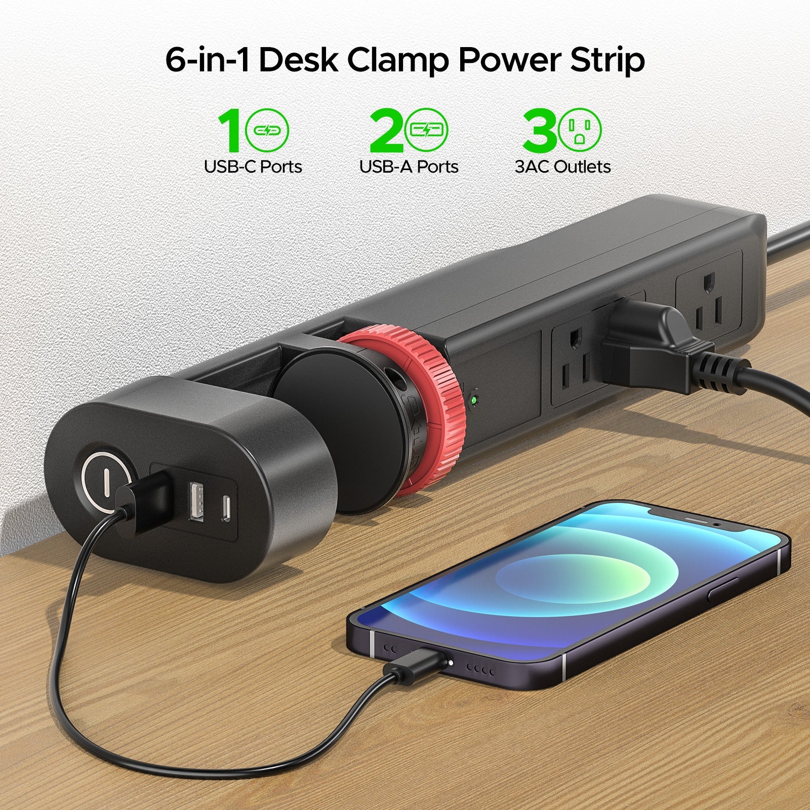 CRST Desk Clamp Surge Protector Power Strip with USB-C Port 6FT Extension Cord Flat Plug 1020J Protection Fits Tables Up to 2 Inches 36 Months Warranty SpadezStore