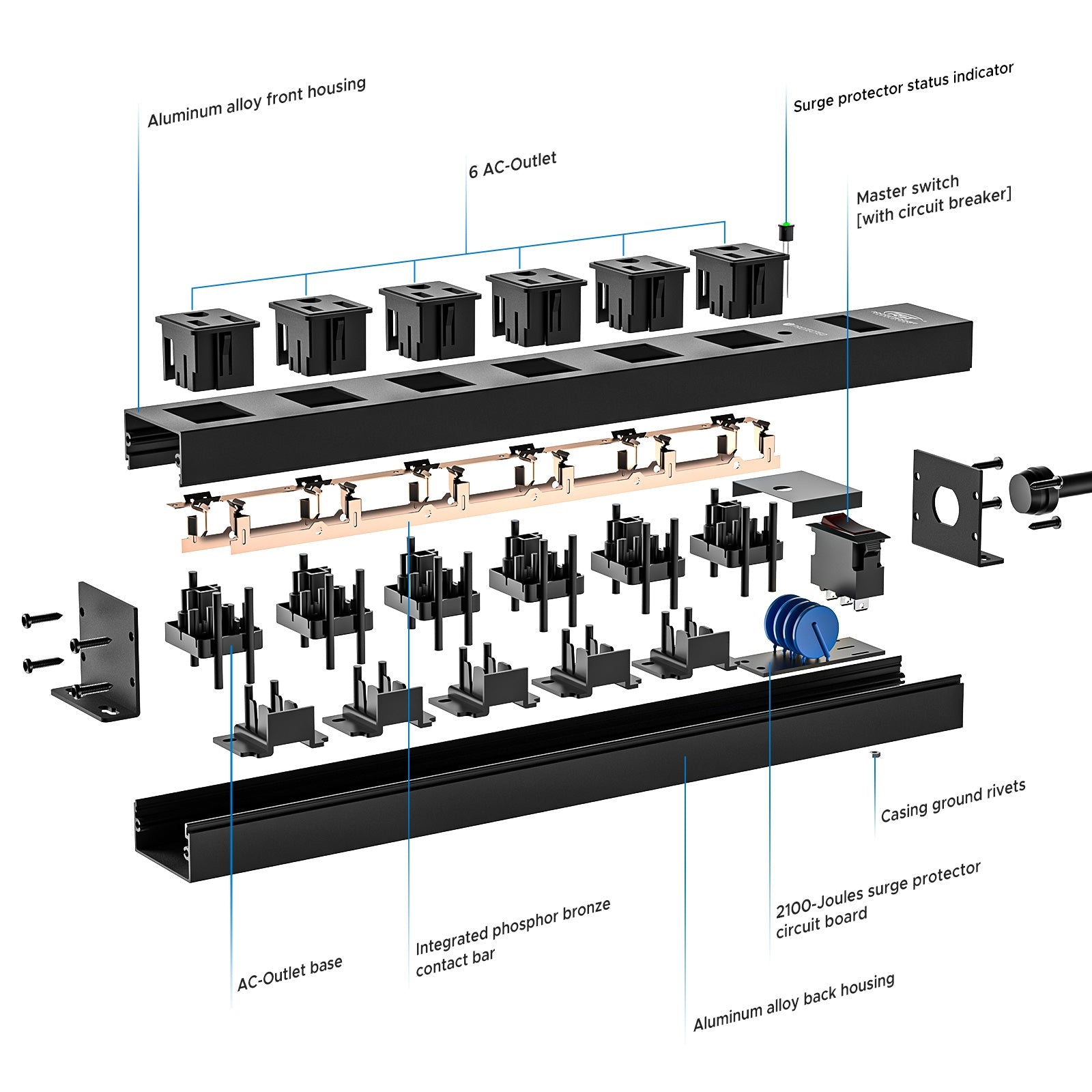 Rocket Socket Technology CRST 6 Outlets Wide Spaced Mountable Metal Power Strip Surge Protector, 6FT Flat Plug Power Cord, Mounting Kits Included SpadezStore