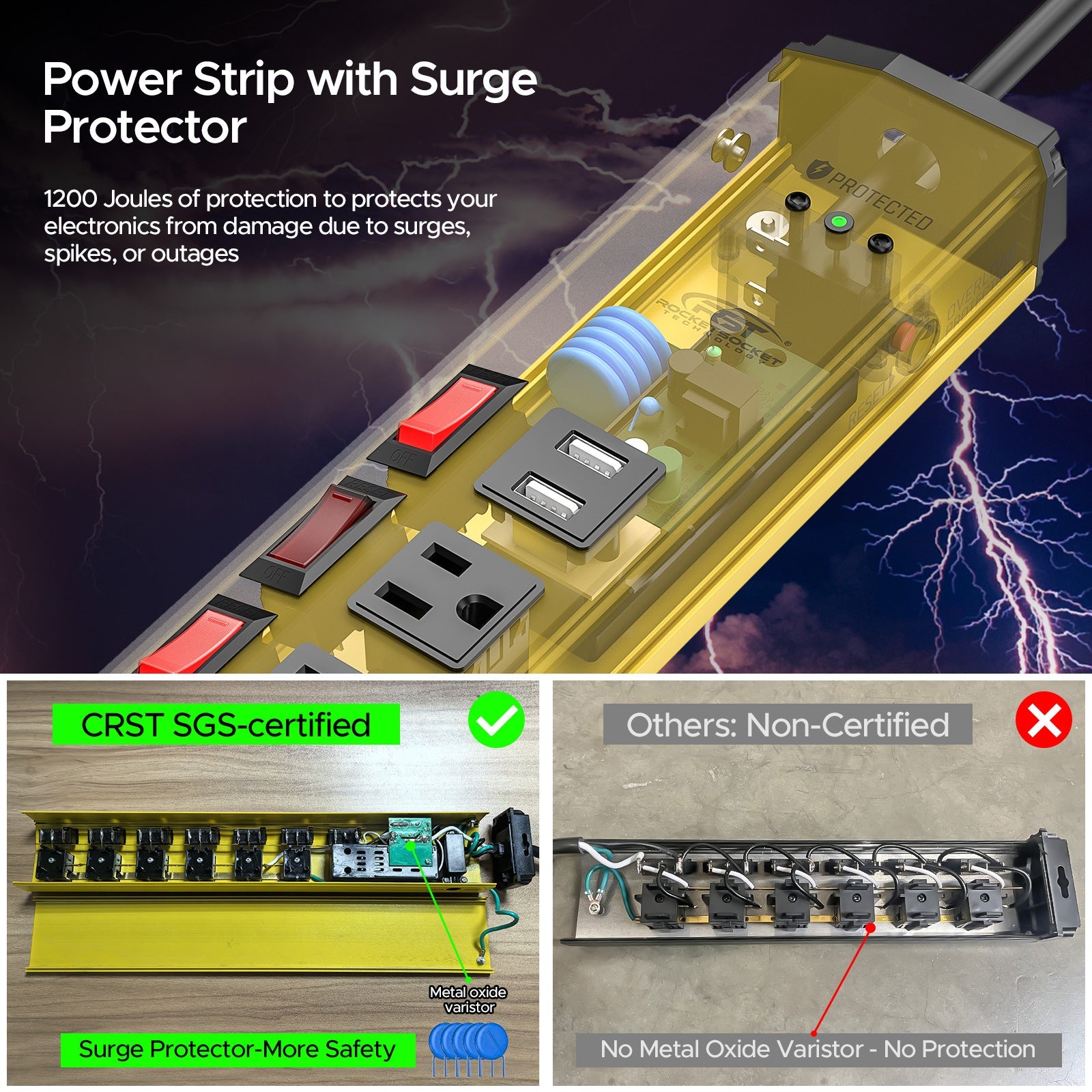 CRST 6 Outlets Individual Switches Mountable Metal Power Strip Surge Protector with Dural USB Ports 6FT Flat Plug Power Cord SpadezStore