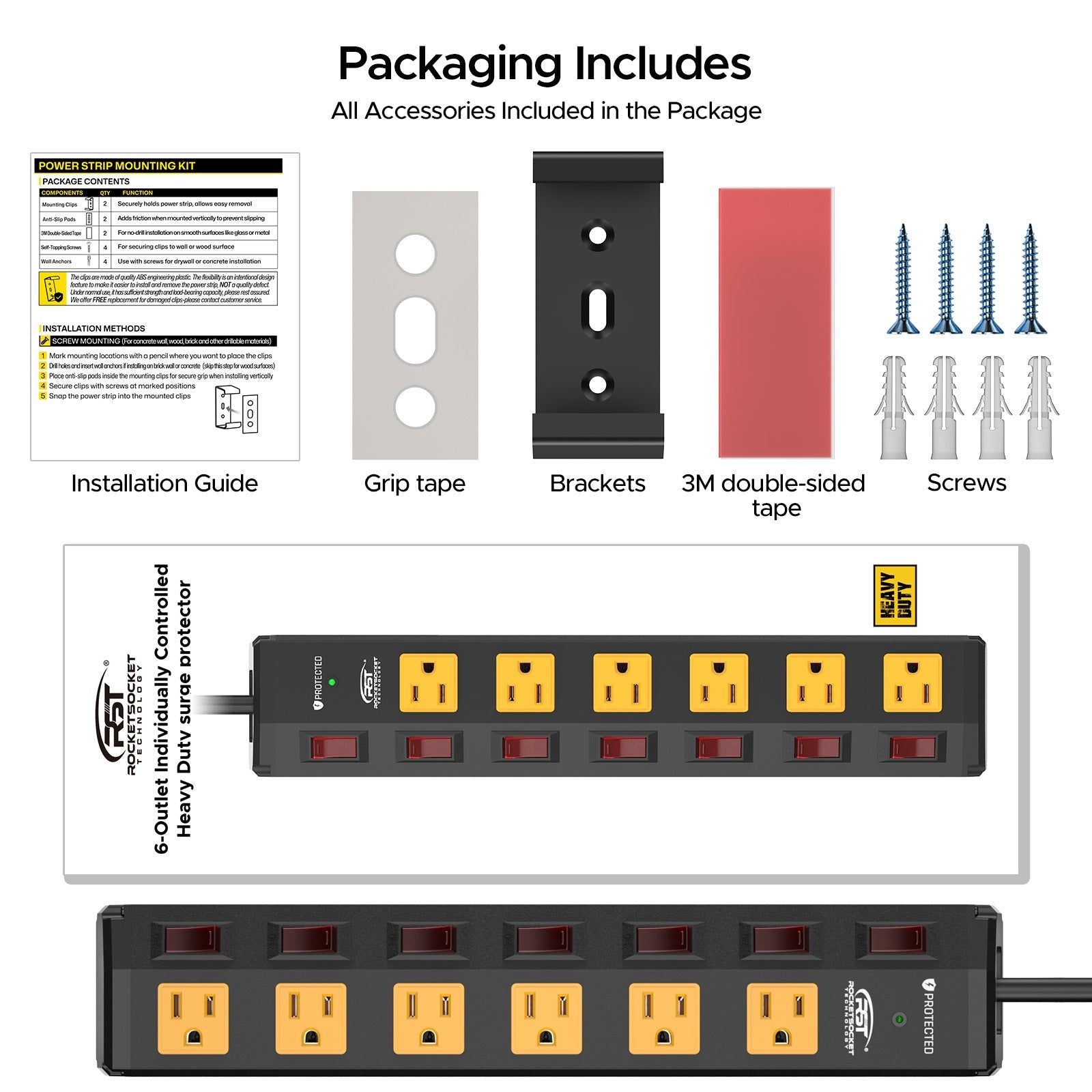 CRST 6 Outlets Individual Switches Mountable Metal Power Strip Surge Protector, 6FT Flat Plug Power Cord SpadezStore