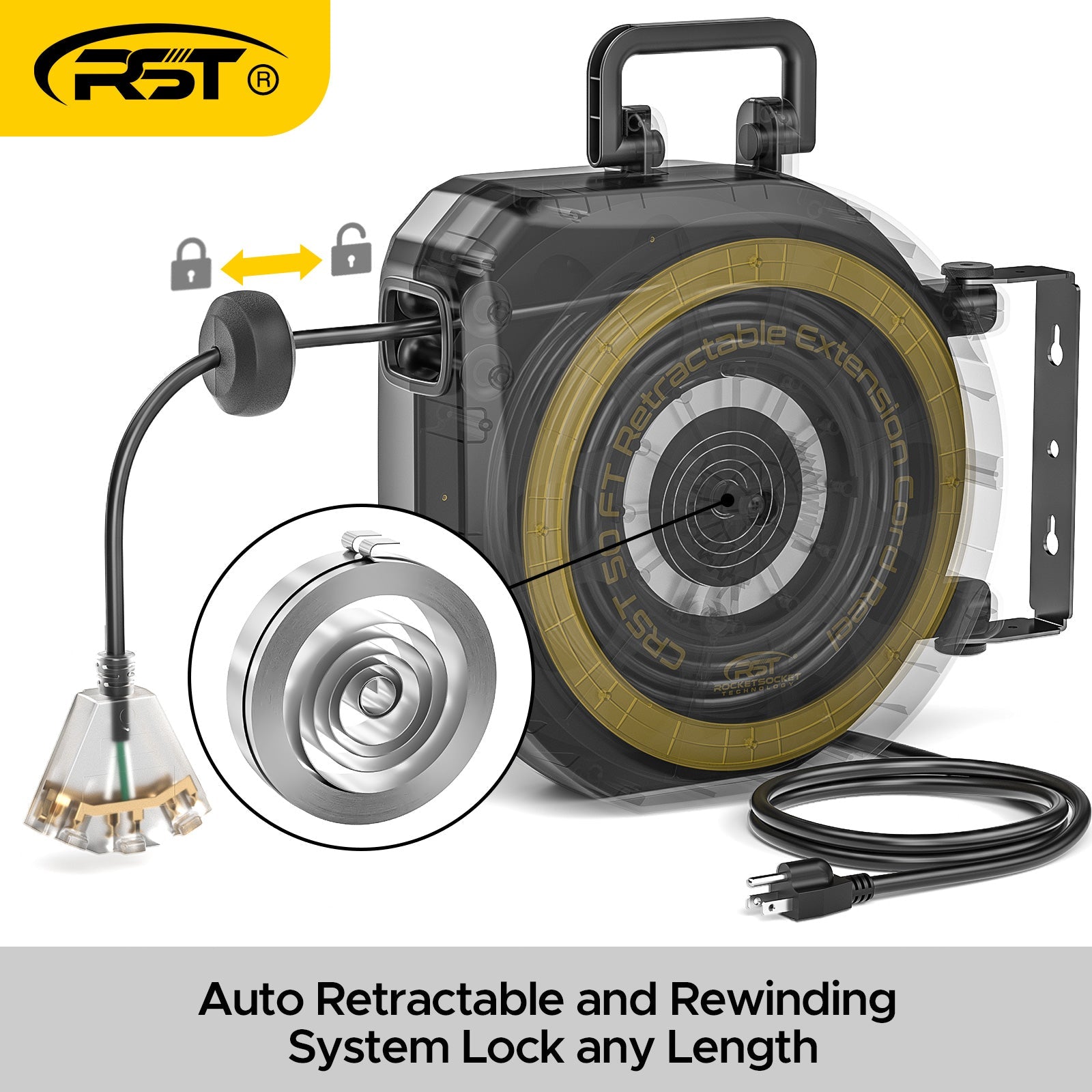 Rocket Socket Technology CRST Retractable Extension Cord, 50FT Cord Reel with 14AWG/13A/SJTOW, UL Listed, Lighted Triple Tap with Reset Button and Adjustable Stopper SpadezStore