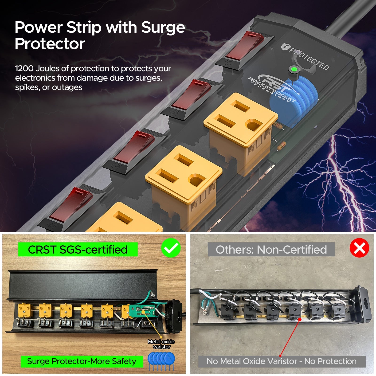 CRST 6 Outlets Individual Switches Mountable Metal Power Strip Surge Protector, 6FT Flat Plug Power Cord SpadezStore