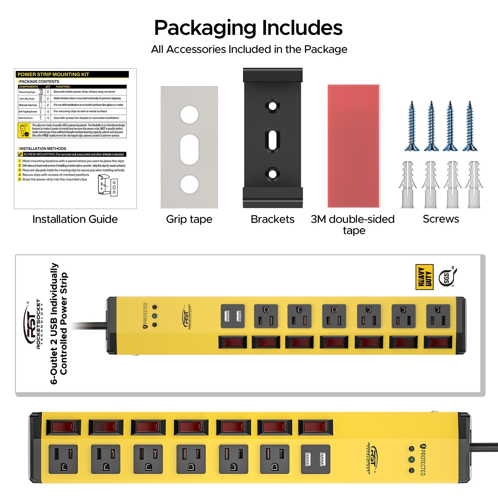 CRST 6 Outlets Individual Switches Mountable Metal Power Strip Surge Protector with Dural USB Ports 6FT Flat Plug Power Cord SpadezStore