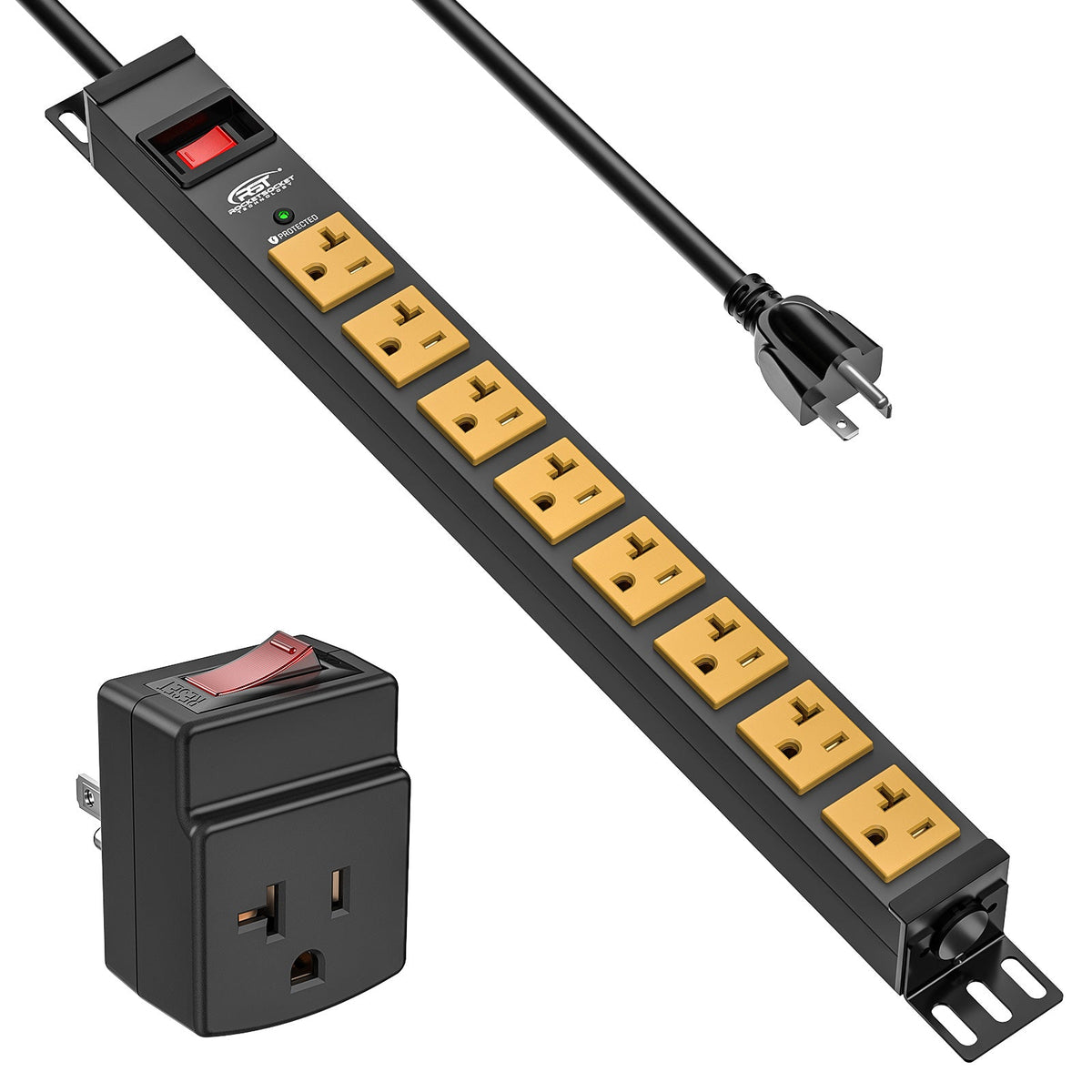 Rocket Socket Technology ETL Listed 20A Heavy Duty Power Strip | 8-Outlet Metal Surge Protector with Wall & Rack Mount
