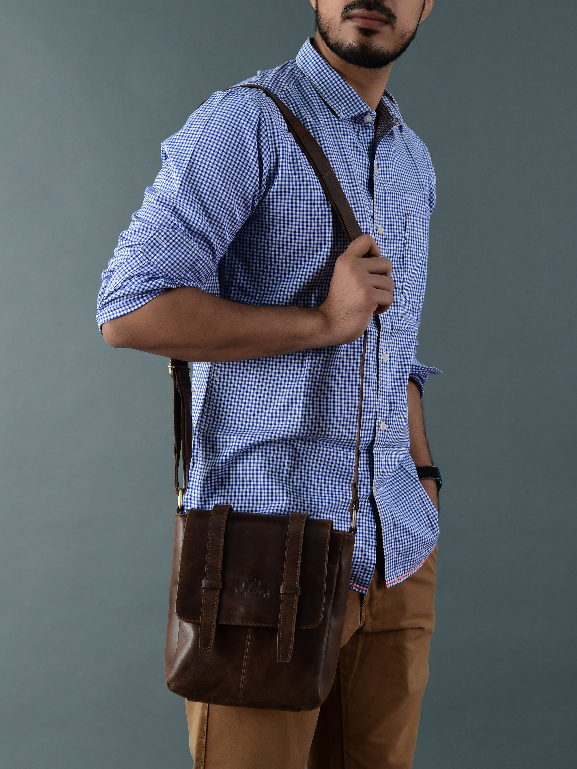 Leather Shoulder Messenger Bag - Thumbnail 5